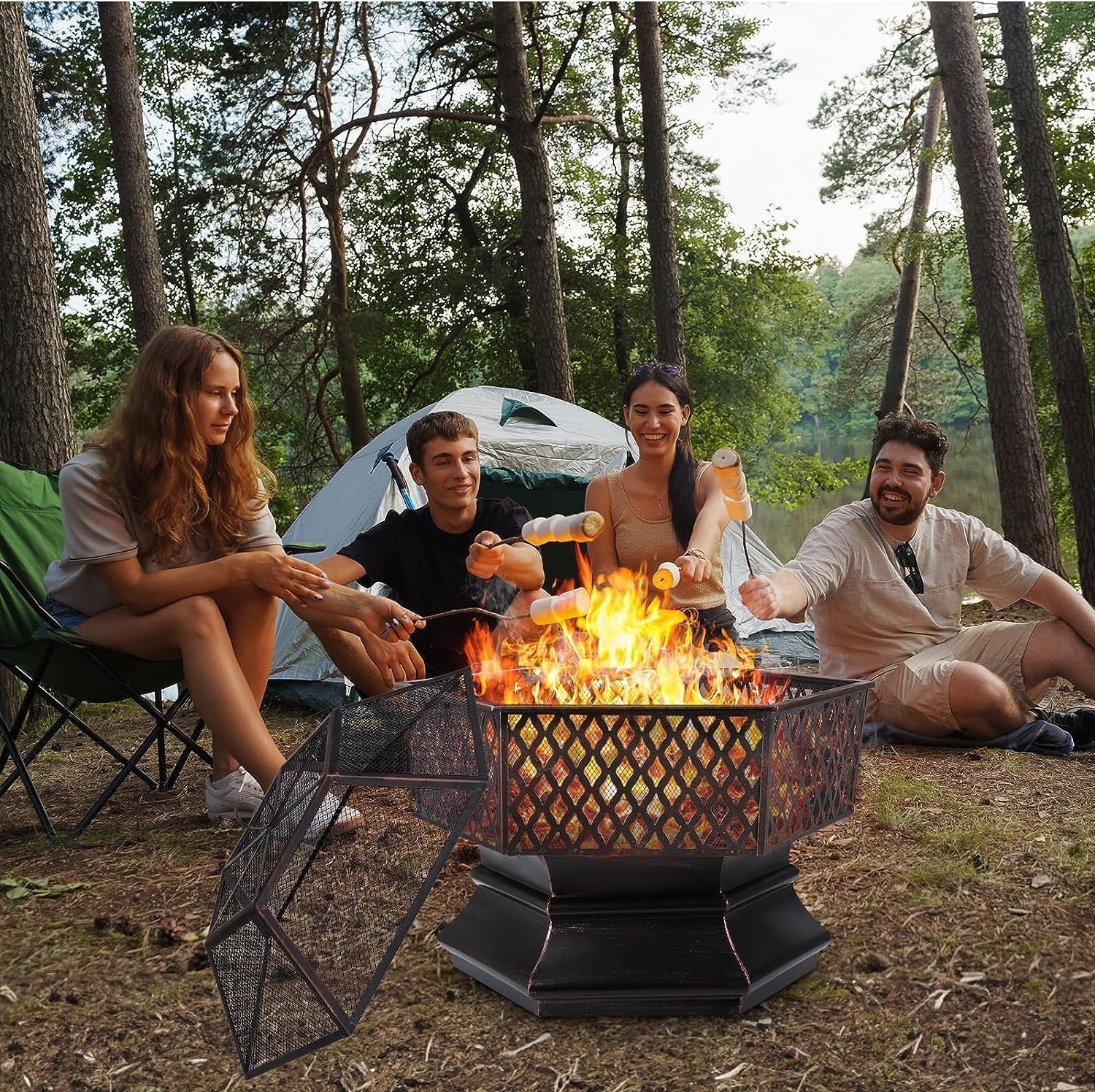 Arlopu 30'' Hex Shaped Steel Fire Pit for Outside, Wood Burning Fireplace Fire Bowl with Spark Screen & Fire Poker for Patio, Backyard, Camping