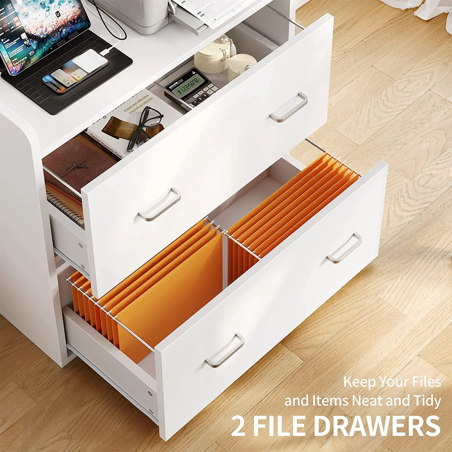 Dextrus Wood File Cabinet with Charging Station, Lateral Filing Cabinet Printer Stand Fits A4 Letter Legal Size Files, White