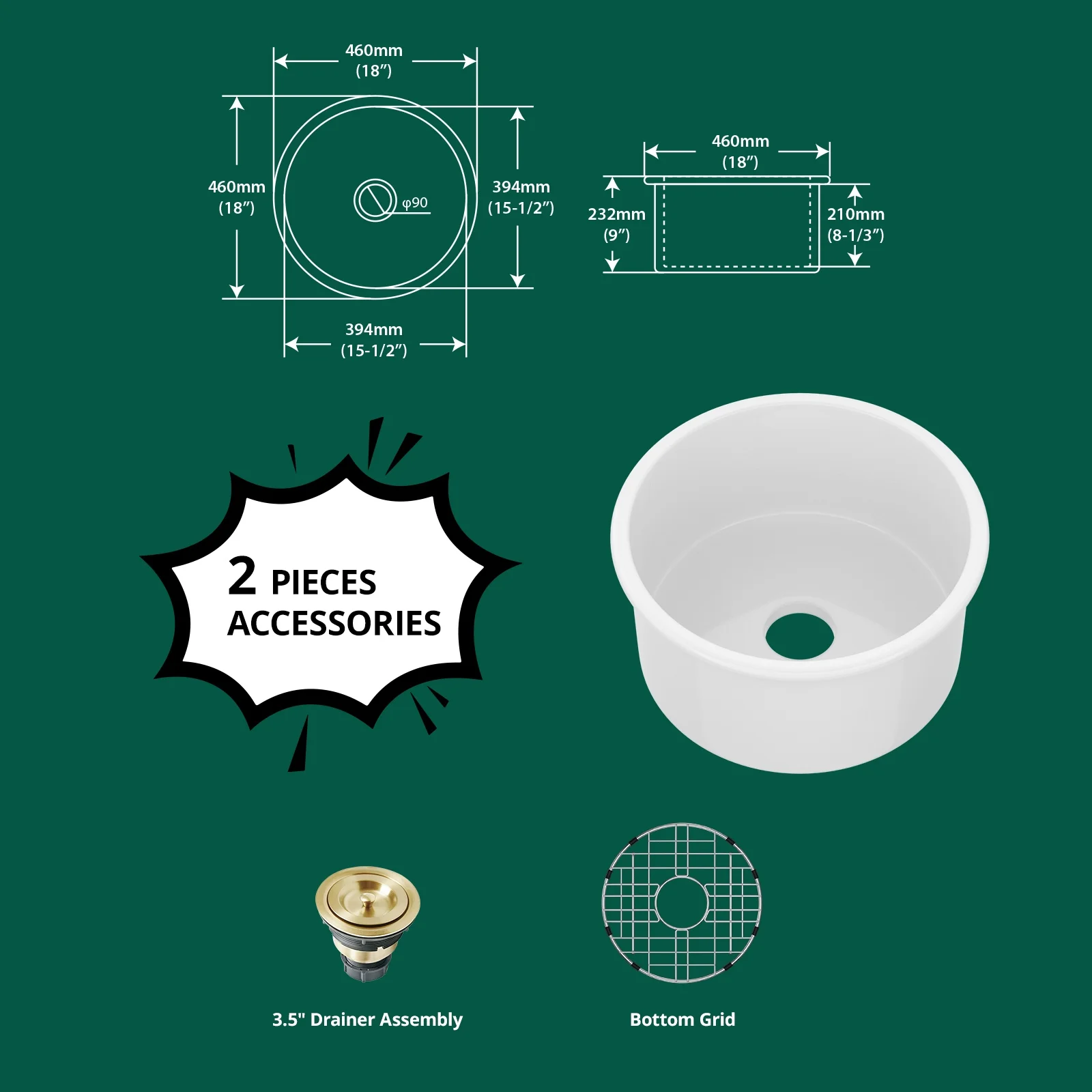 Logmey 18 Inch Round Ceramic Kitchen Sink Porcelain Small Single Bowl, White Undermount Bar Sink, Depth 8-1/3 Inch Sink, with Gold Drainer Assembly LM-WAL-LTBS3019FY-N