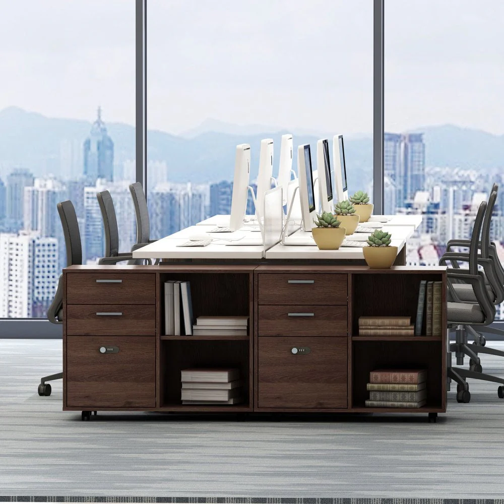 Hassch Mobile Lateral Filing Cabinet Office Wood File Cabinet with Coded Lock Printer Stand with Storage Open Shelves, Brown Oak