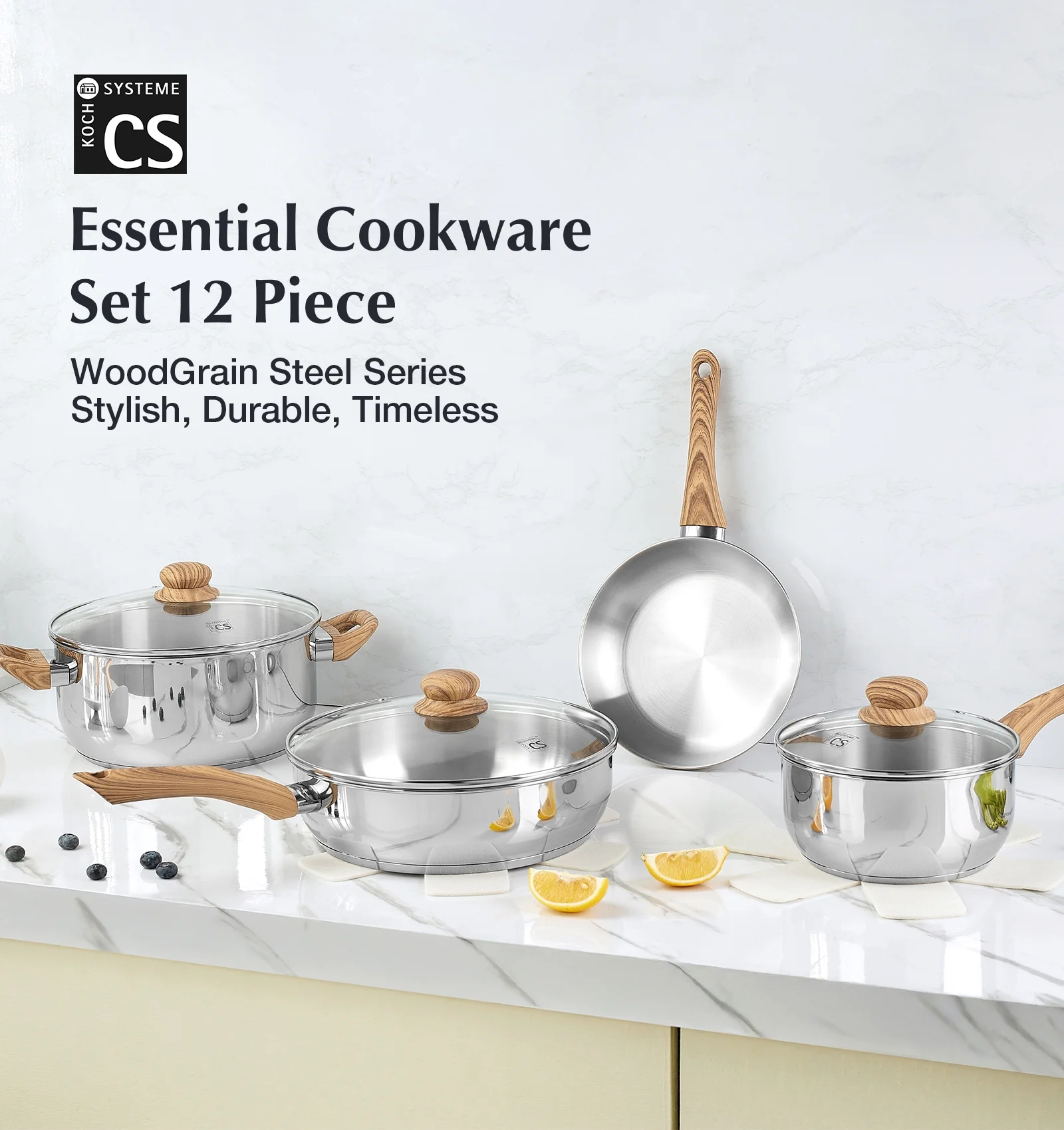 Koch Systeme CS 12 Piece Stainless Steel Coowkare Set  with Cool-Touch Bakelite Handle, Professional 18/10 Pots and Pans Set, Induction Compatible