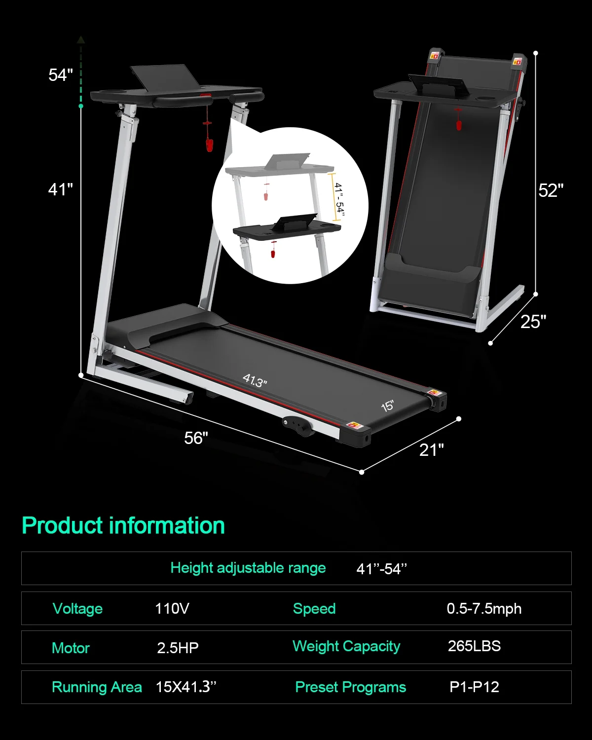 [TREADMILL CLEARANCE] FYC 2.5HP Folding Treadmill with Adjustable Height Desk & Incline - Compact Electric Treadmill Bluetooth Speaker for Running Walking Foldable Portable  (Silver)