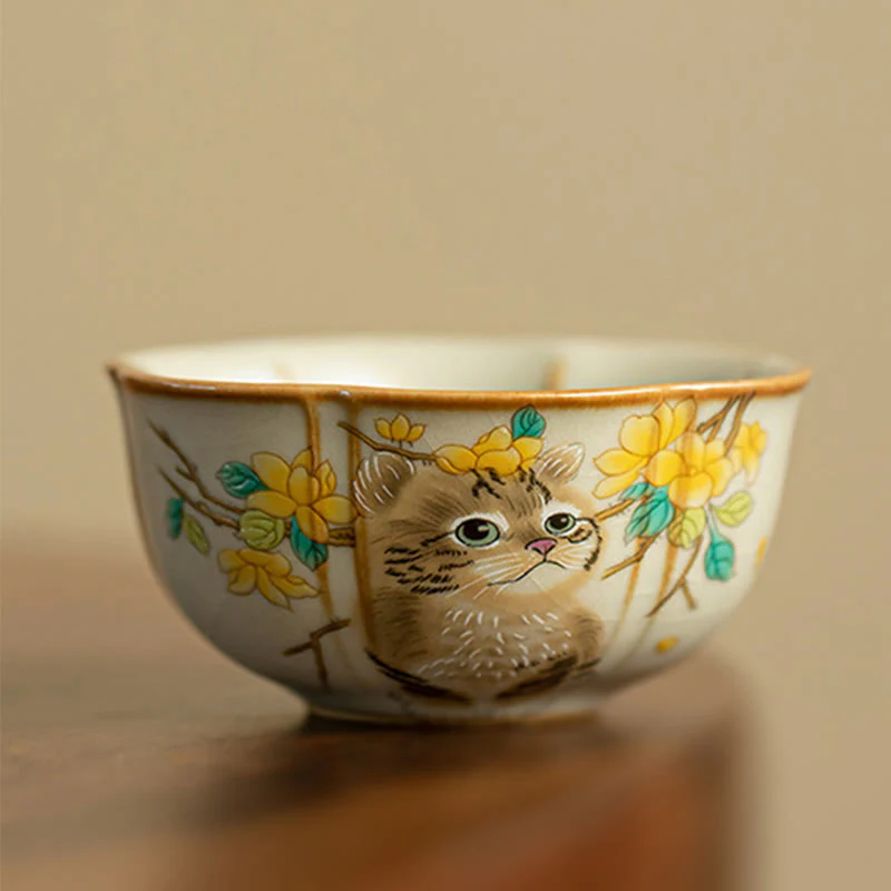 Buddha Stones Cute Cat Yellow Flowers Rabbit Teacup Kung Fu Tea Cup
