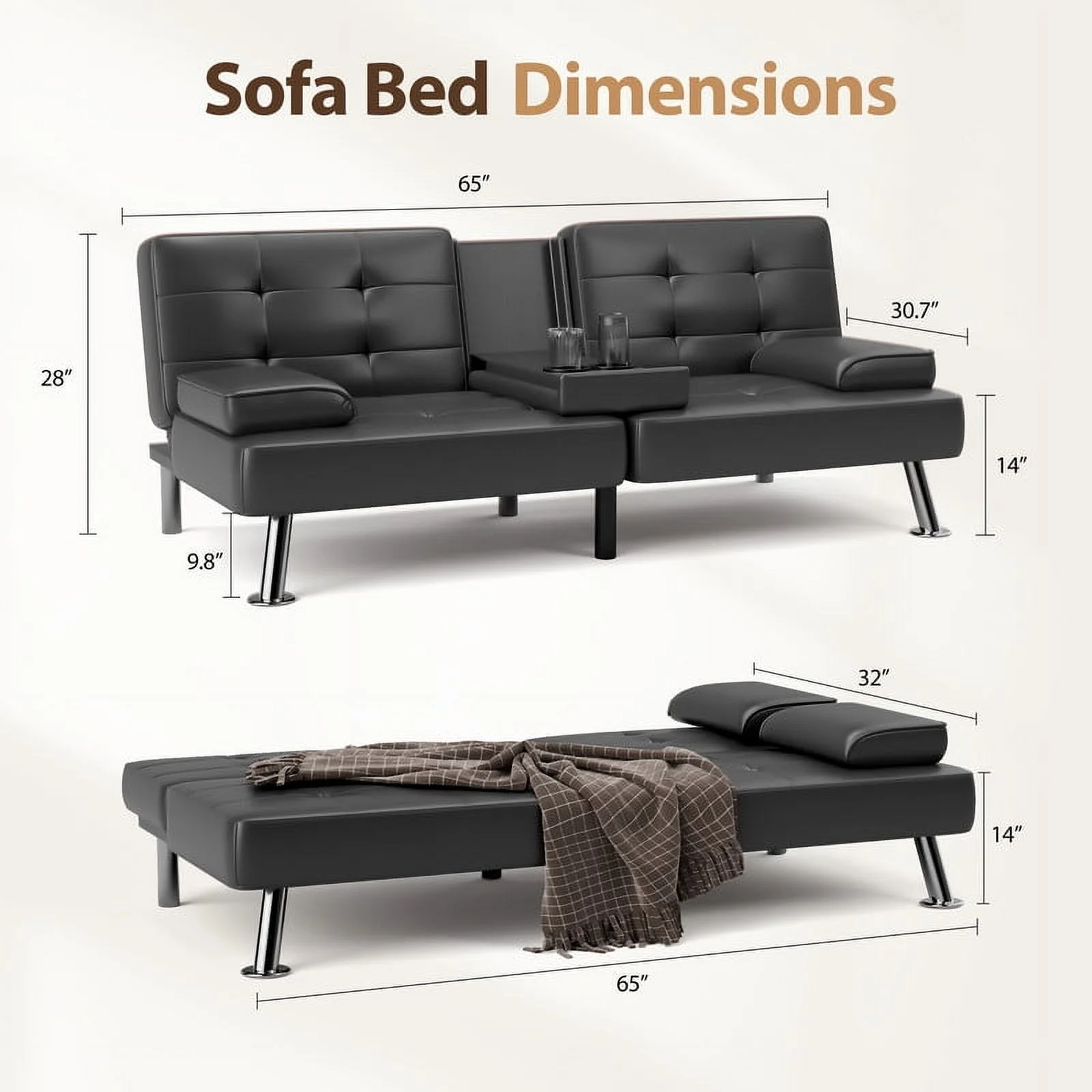 Furmax Futon Sofa Bed Convertible Folding Faux Leather Couch with 2 Cup Holders,Black