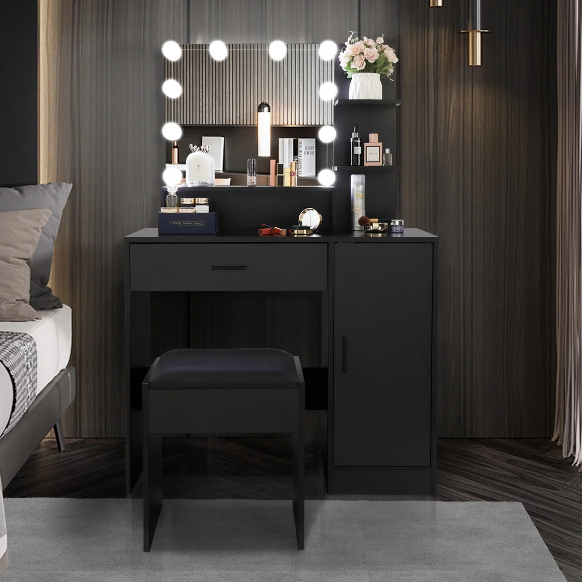 Black Bedroom Makeup Vanity Set, Vanity Desk with Light, Mirror and Cushioned Stool, Modern Makeup Dressing Table for Girls, Wife, Daughter, Mother, Adjustable Light Brightness
