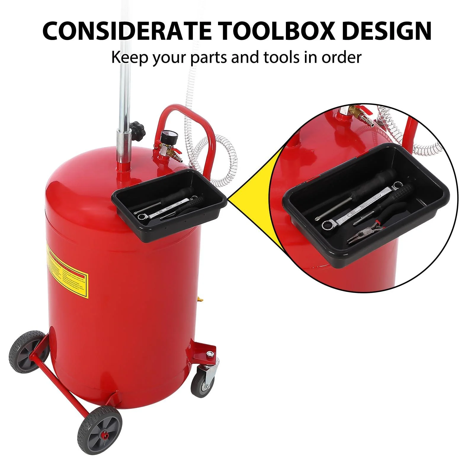 Pinypikaka 8 Gallon Waste Oil Drain Tank, Portable Oil Drain Container, Air Operated Drainer, Fluid Fuel Transfer Drainage, Adjustable Funnel Height with Wheel &15'' Premium Bowl and a Toolbox