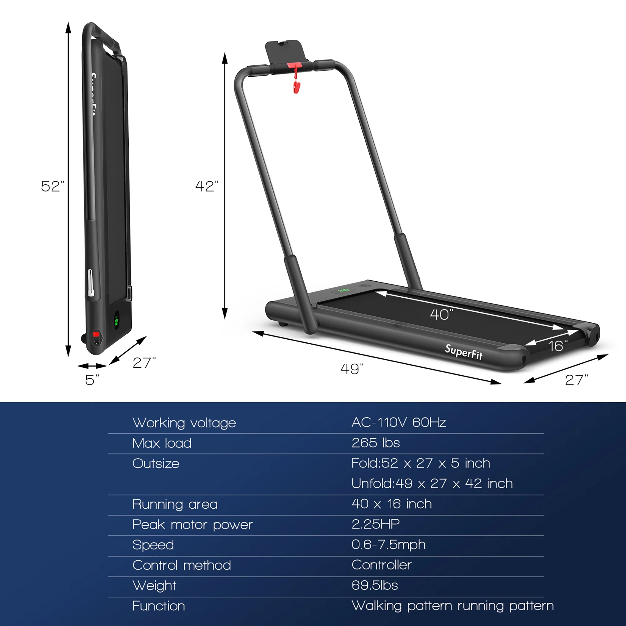 SuperFit Up To 7.5MPH 2.25HP 2-in-1 Folding Under Desk Treadmill W/Speaker Controller APP, Single Display Screen Silver