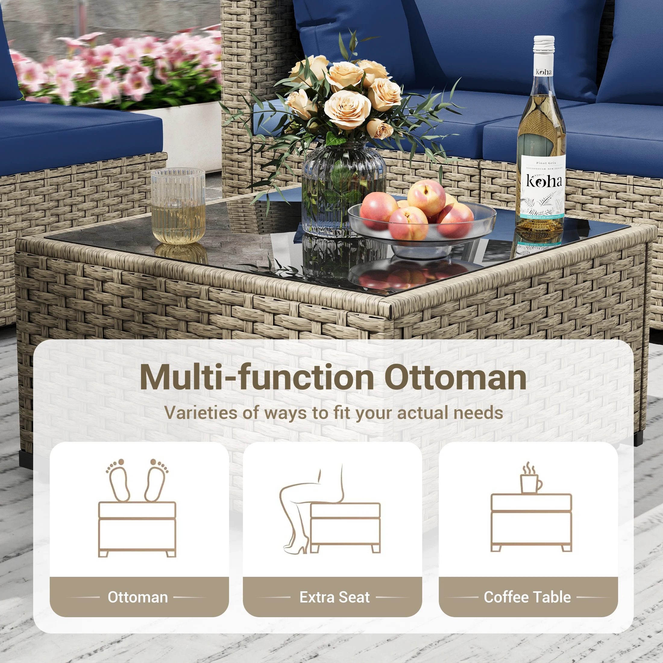 POTEBAN 7 Pieces Outdoor Patio Furniture Set, Grey Rattan Wicker Outdoor Conversation Sectional Sofa Set with Cushions for Backyard, Green