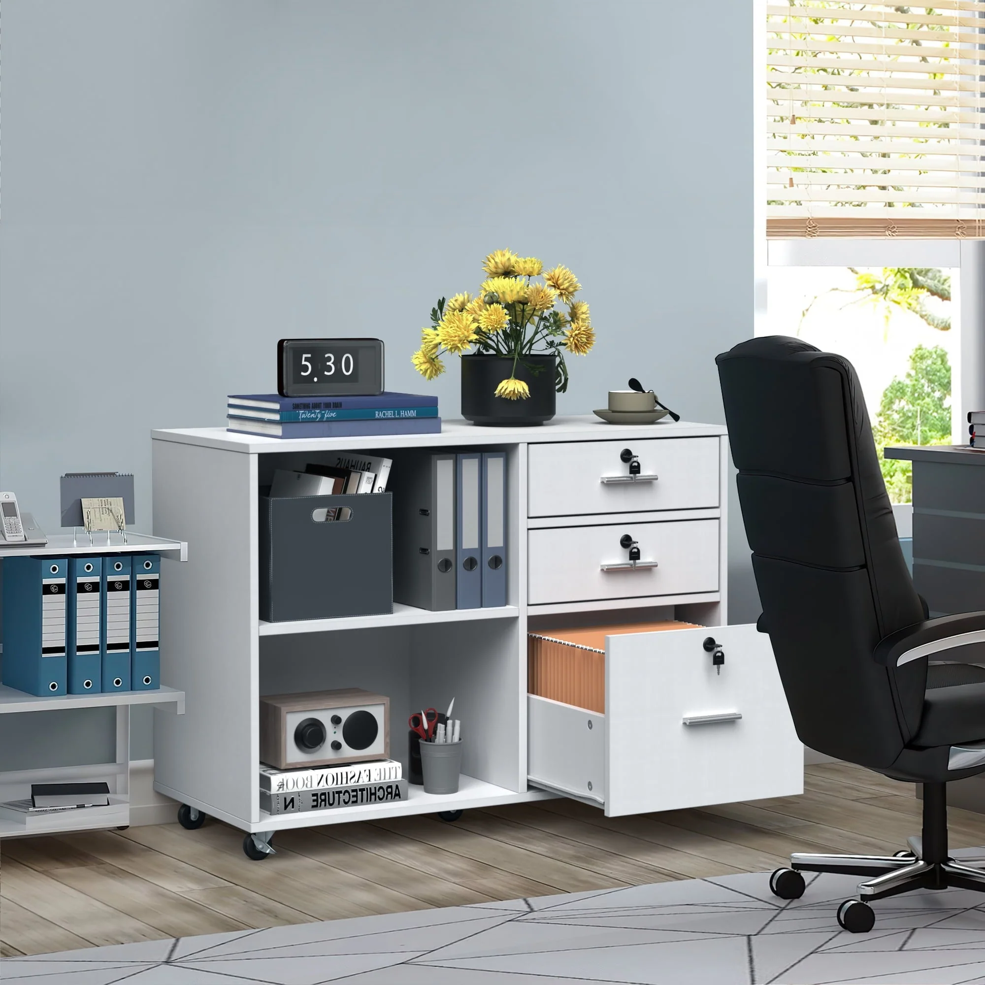 DEXTRUS 3 Drawer Wood Lateral Filing Cabinet with Locks, Printer Stand Storage File Cabinet with Shelves for Home Office, White
