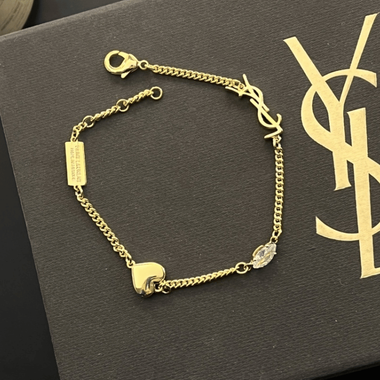 Yves Saint Laurent Cassandre Logo And Heart Charm Bracelet Gold-Tone