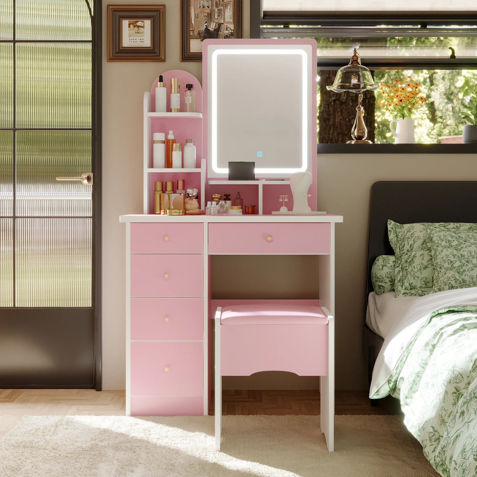 KULAGAGA Vanity Table Set with Light Mirror, Makeup Table with 3 Storage Shelves & 5 Drawers, Dressing Vanity Tables with , Dresser Desk for Girls, Women, White