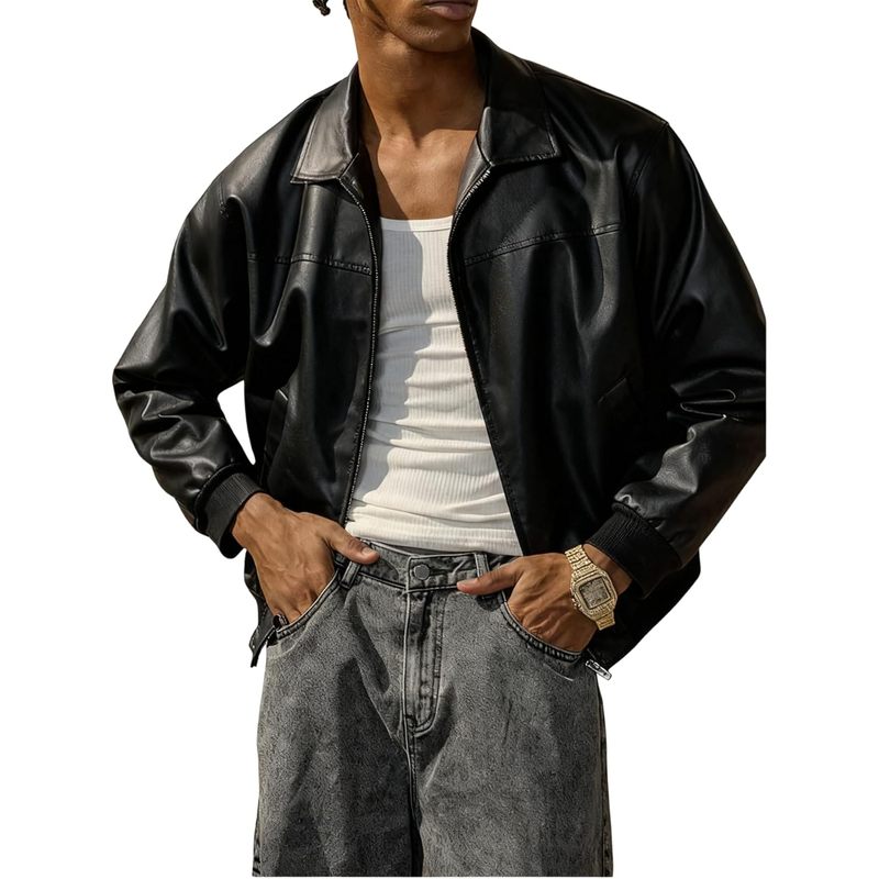 Men's Leather Jacket Zip Up Collared Bomber Jackets with Pockets