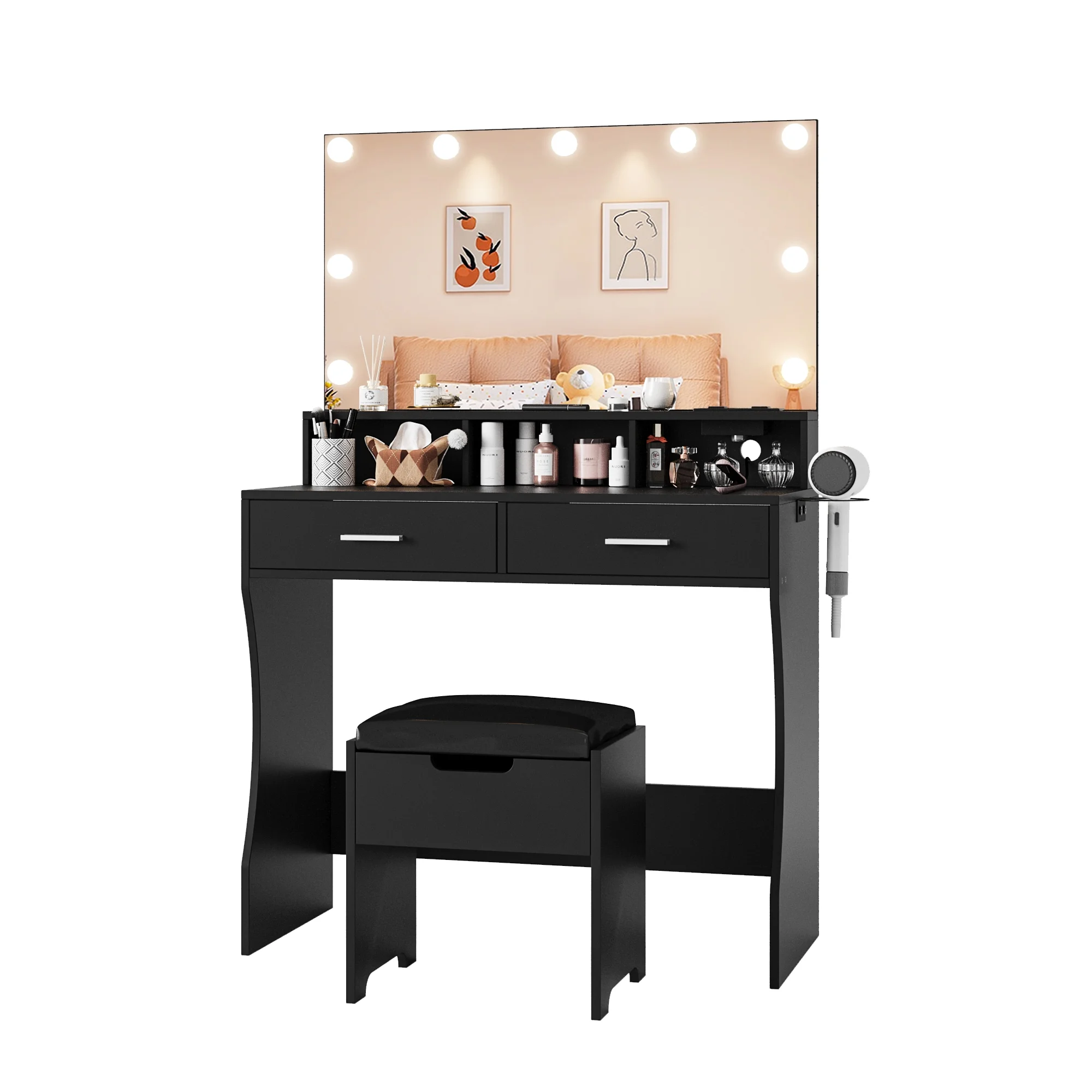 Modern Vanity Table Set with Lighted Mirror,Makeup Table with 2 Drawers & Power Strip,Dresser Desk for Girls, Women, White