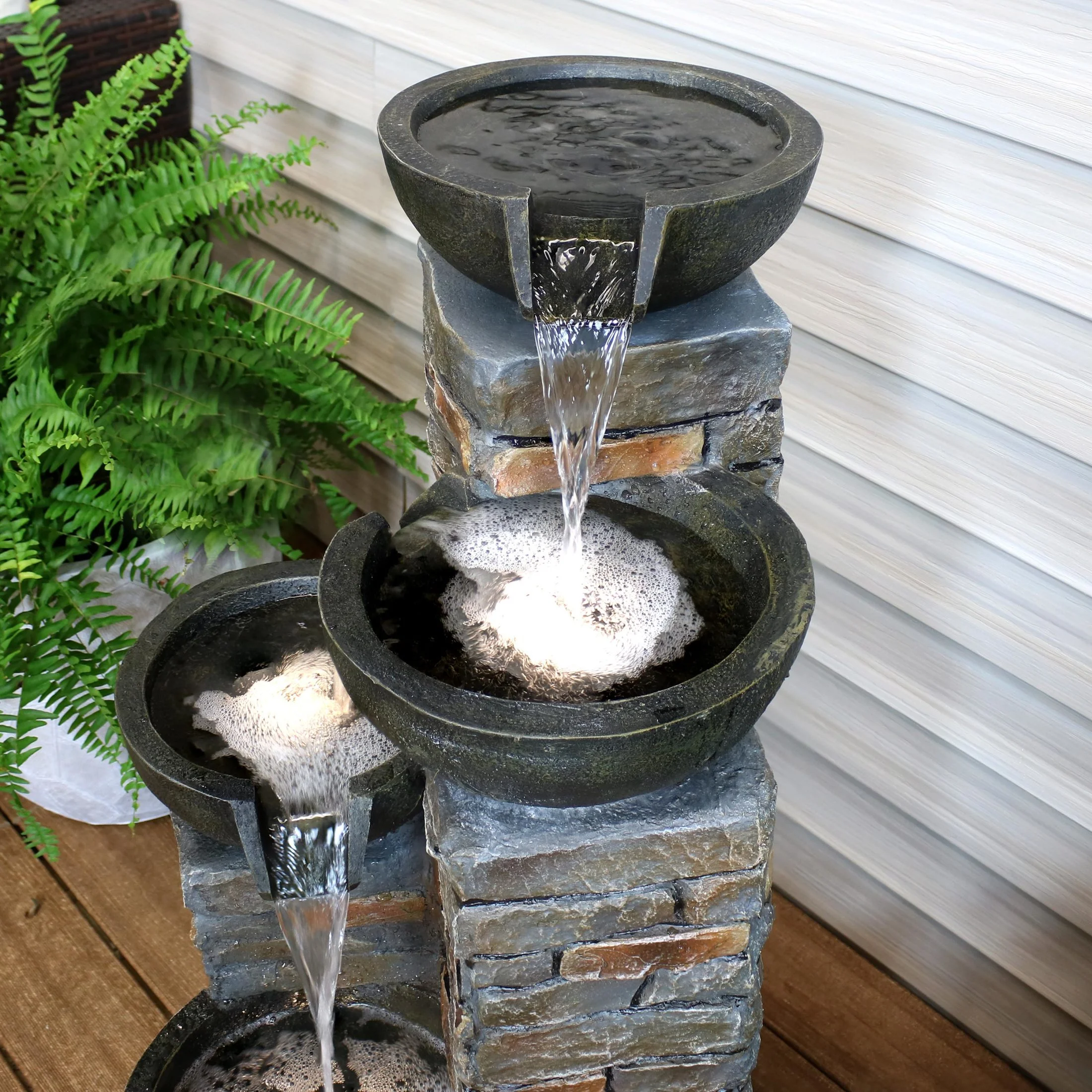 Sunnydaze Staggered Bowls Polyresin Outdoor Water Fountain with Light