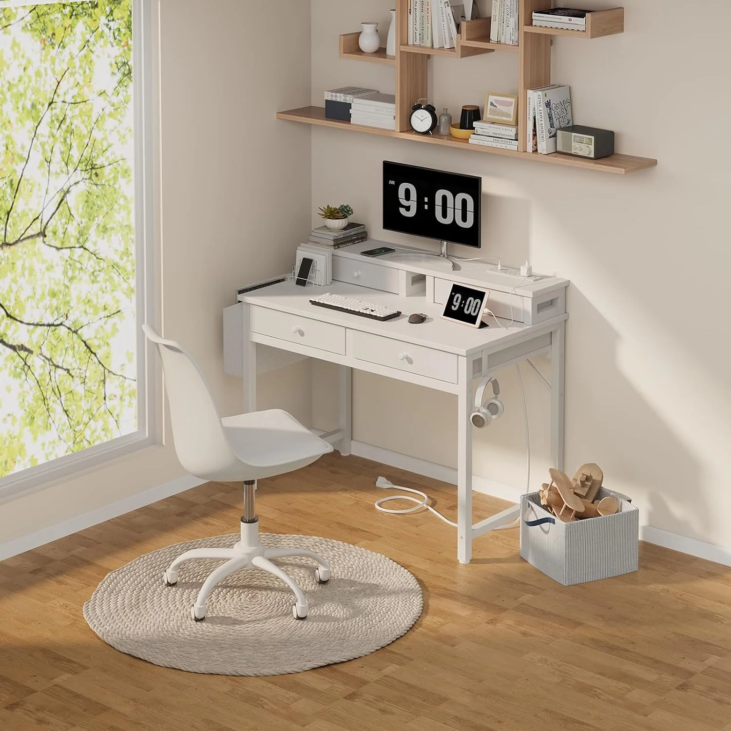 Small Desk with Drawers for Home Office Bedroom, 31 inch Black Writing Study Desks with Fabric Drawers Storage, Gaming Desk Table with Power Outlet & Monitor Stand, Black