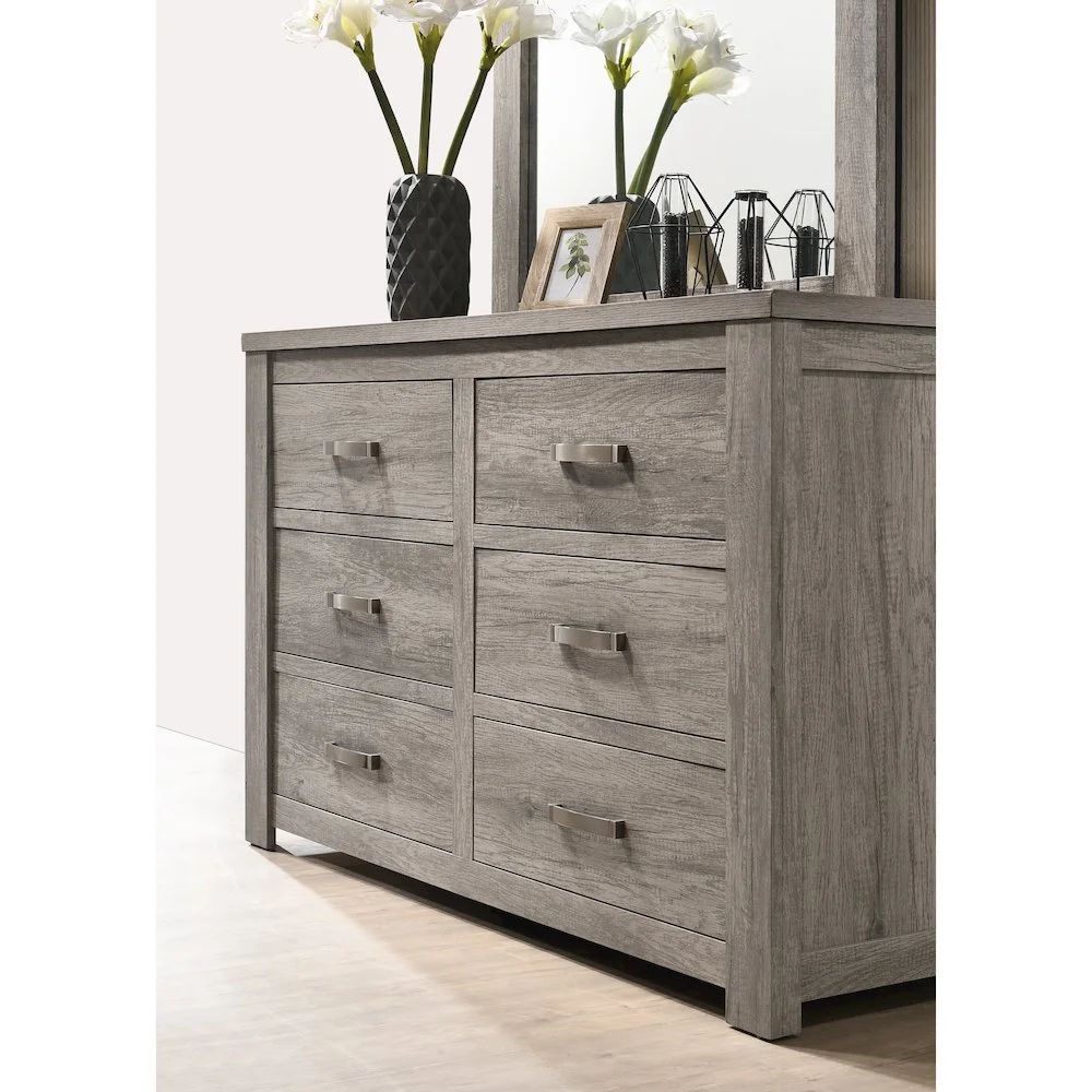 Roundhill Furniture living room Floren Contemporary Weathered Gray Wood Bedroom Set, King Panel Bed, Dresser, Mirror, Two Nightstands, Chest