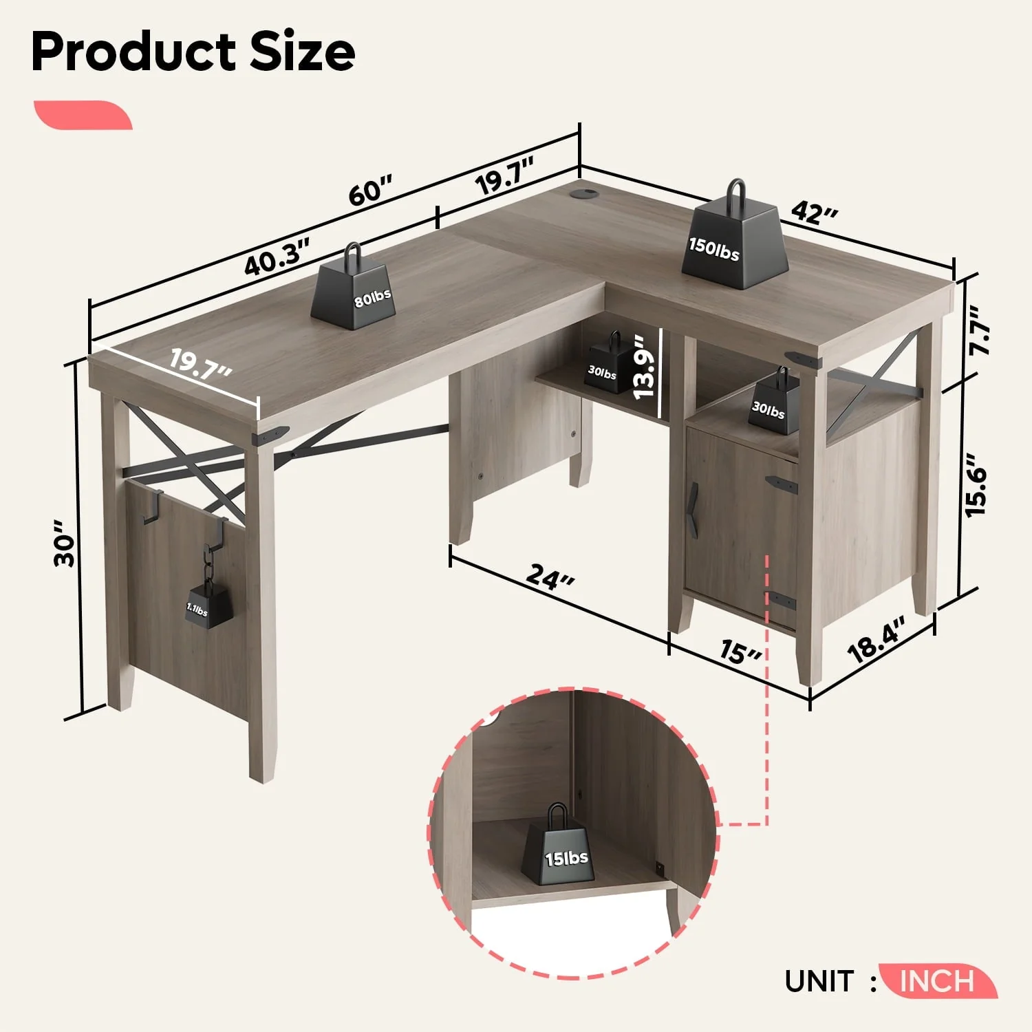 Bestier Farmhouse L-Shaped Computer Desk 60