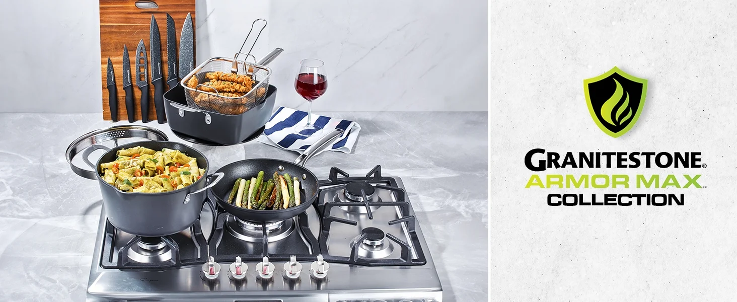 Granitestone Armor Max 20 Pc Hard Anodized Pots and Pans Set Non Stick, Induction Cookware Sets, Anodized Cookware Sets, Nonstick Cookware Set with Knife Set and Deep Fryer, Oven & Dishwasher Safe