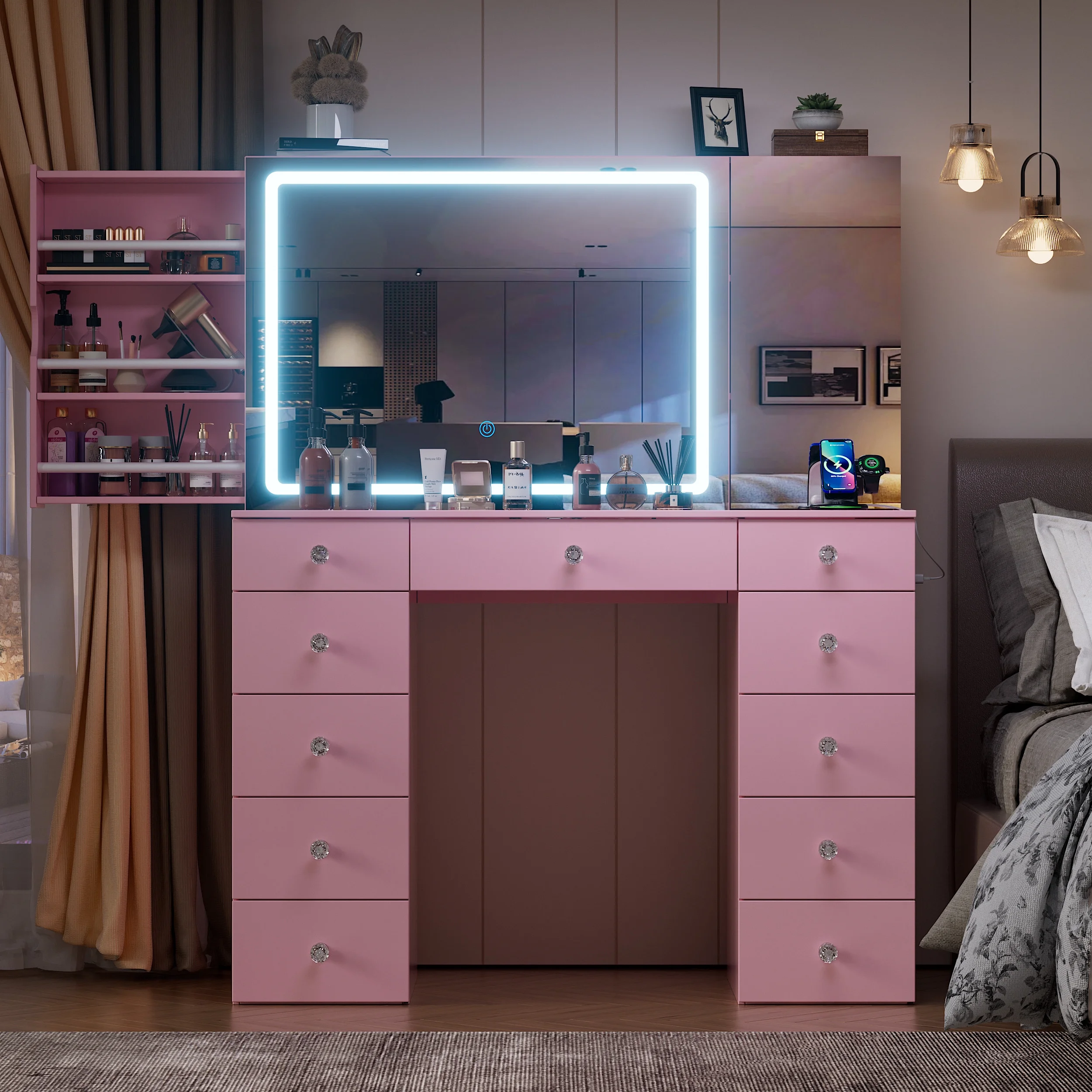 PAKASEPT Makeup Vanity Desk with Mirror and Lights, Vanity Desk with Charging Station, Drawers, Movable Shelves for Makeup, Modern Vanity Table Set with Vanity Stool for Bedroom, White
