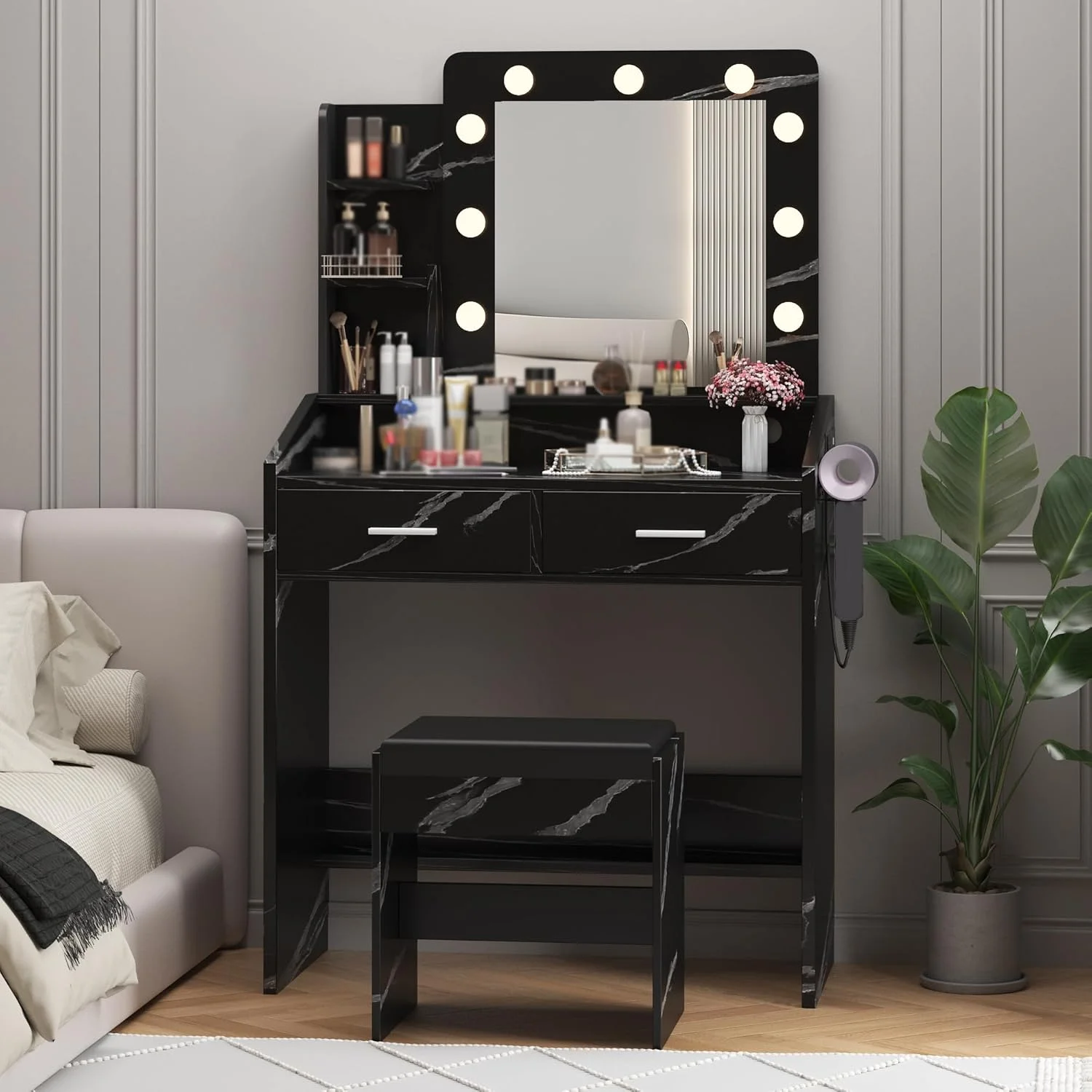 OYang Makeup Vanity with Lights, Vanity Desk with Mirror and Lights Set, Large Drawer and Two-Tier Lots Storage Cabinet, 3 Lighting Modes Adjustable Brightness
