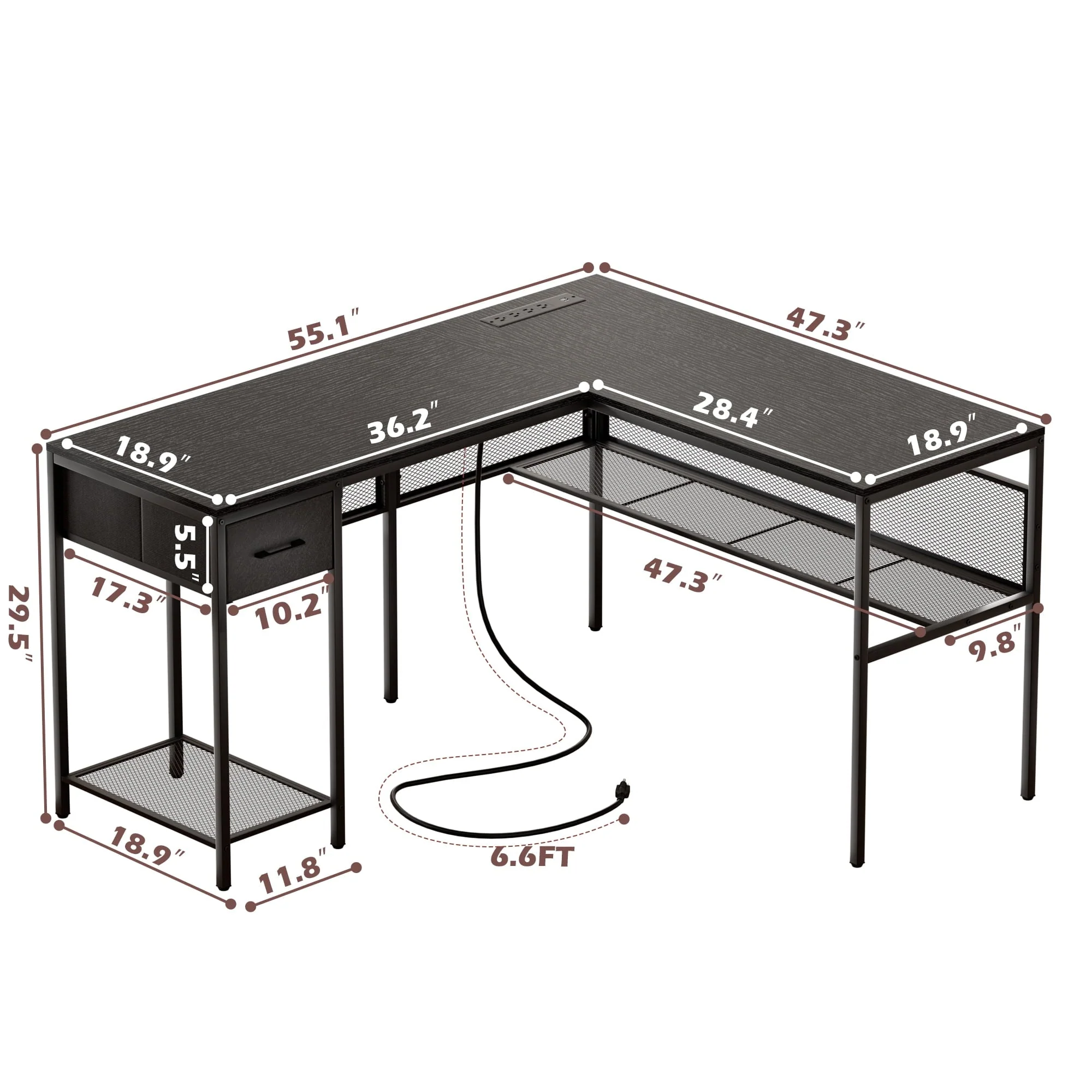 SUPERJARE L Shaped Desk with Power Outlets, Reversible Computer Desk with Storage Shelves & Drawer, Corner Laptops Home Office Desk, Workstation, Black
