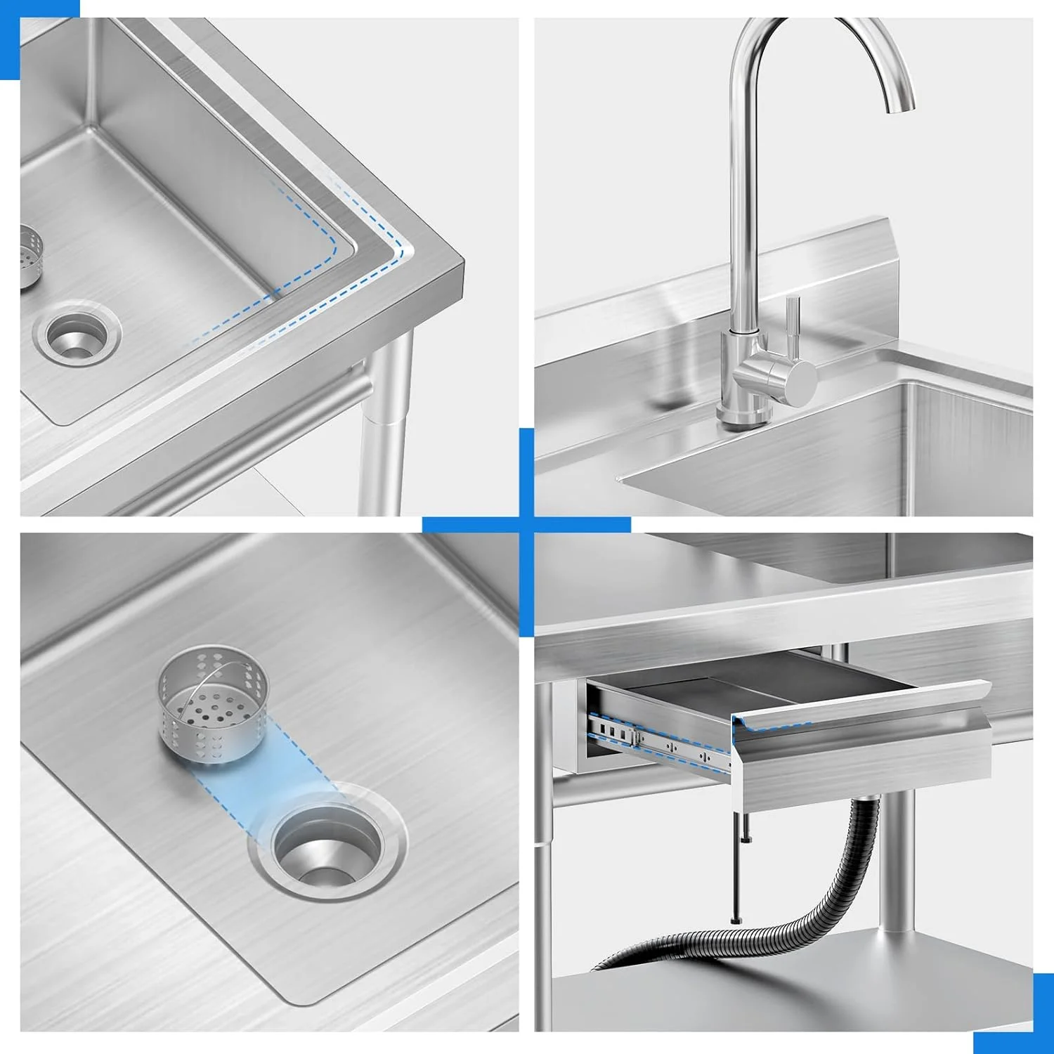 Stainless Steel Utility Sink Freestanding Single Bowl Laundry Sink with Workbench Drawers