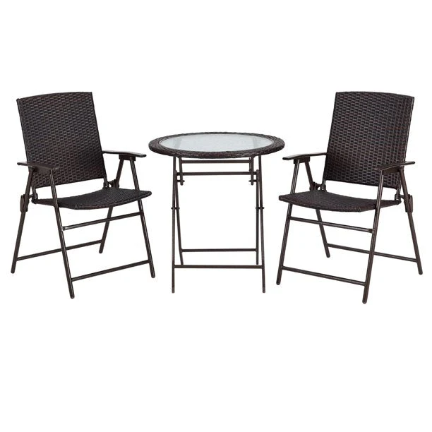 Ulax Furniture 3 Pieces Wicker Folding Bistro Set, Balcony Table and Chairs Sets, Garden Backyard Furniture