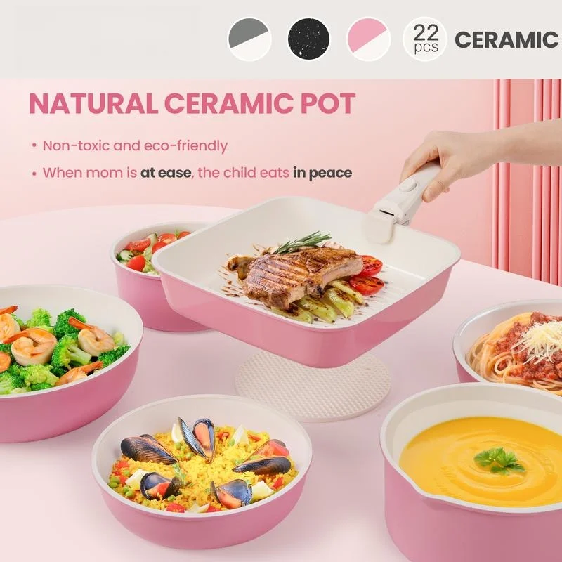 Non-Toxic Nonstick Ceramic 22 pcs pots and pans set complete Cookware Set with Lids,Detachable Handle,PFAS-Free,Dishwasher Oven Safe,Kitchen Outdoorfun Induction Compatible