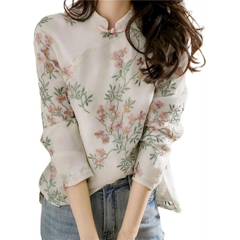 Soft Women's Blouse Shirt Chinese Style Long Sleeve Cheongsam Shirt All Match