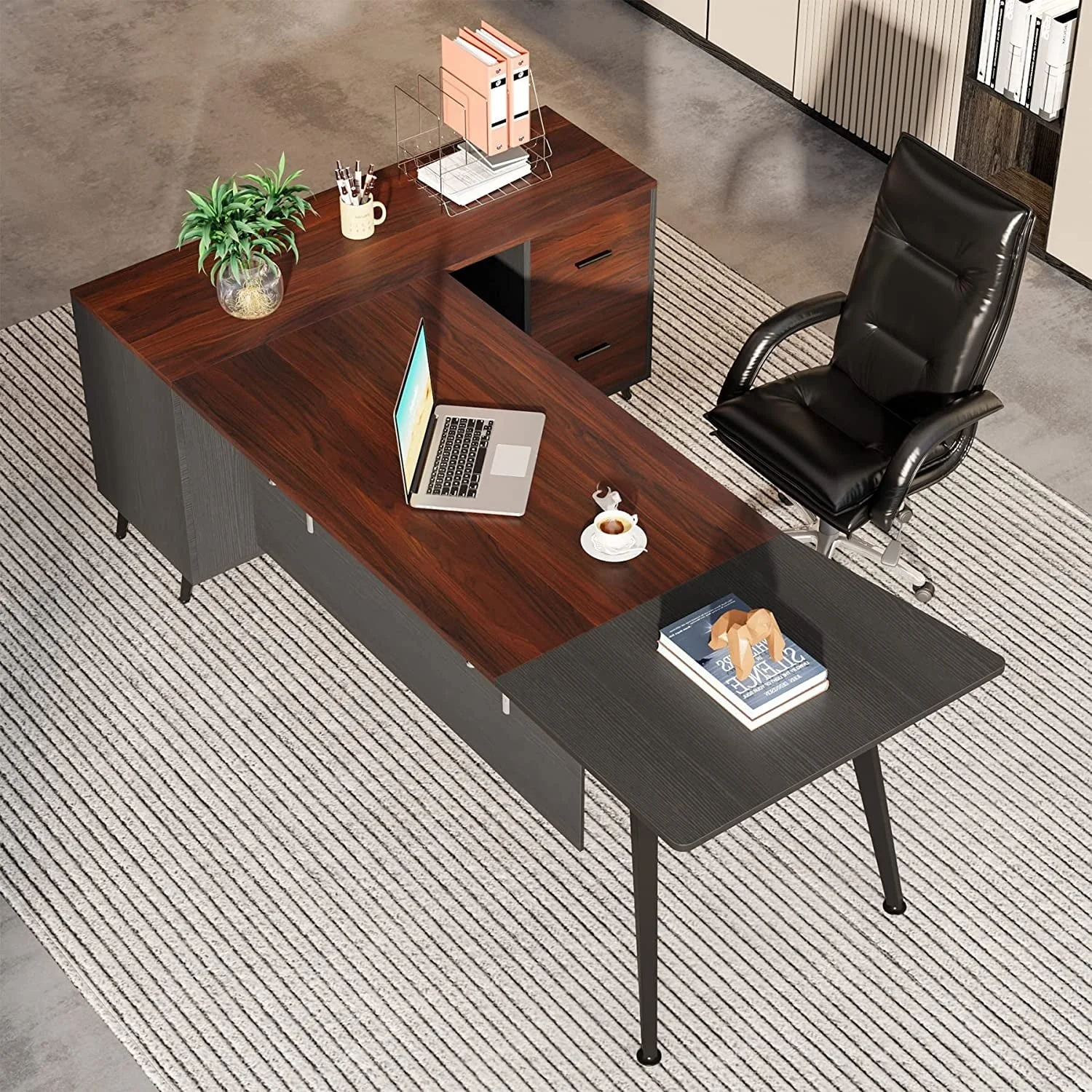 Tribesigns 87” Extra Long Executive Desk with 51” File Cabinet in Drawer and Storage Shelves, Dark Walnut & Grey