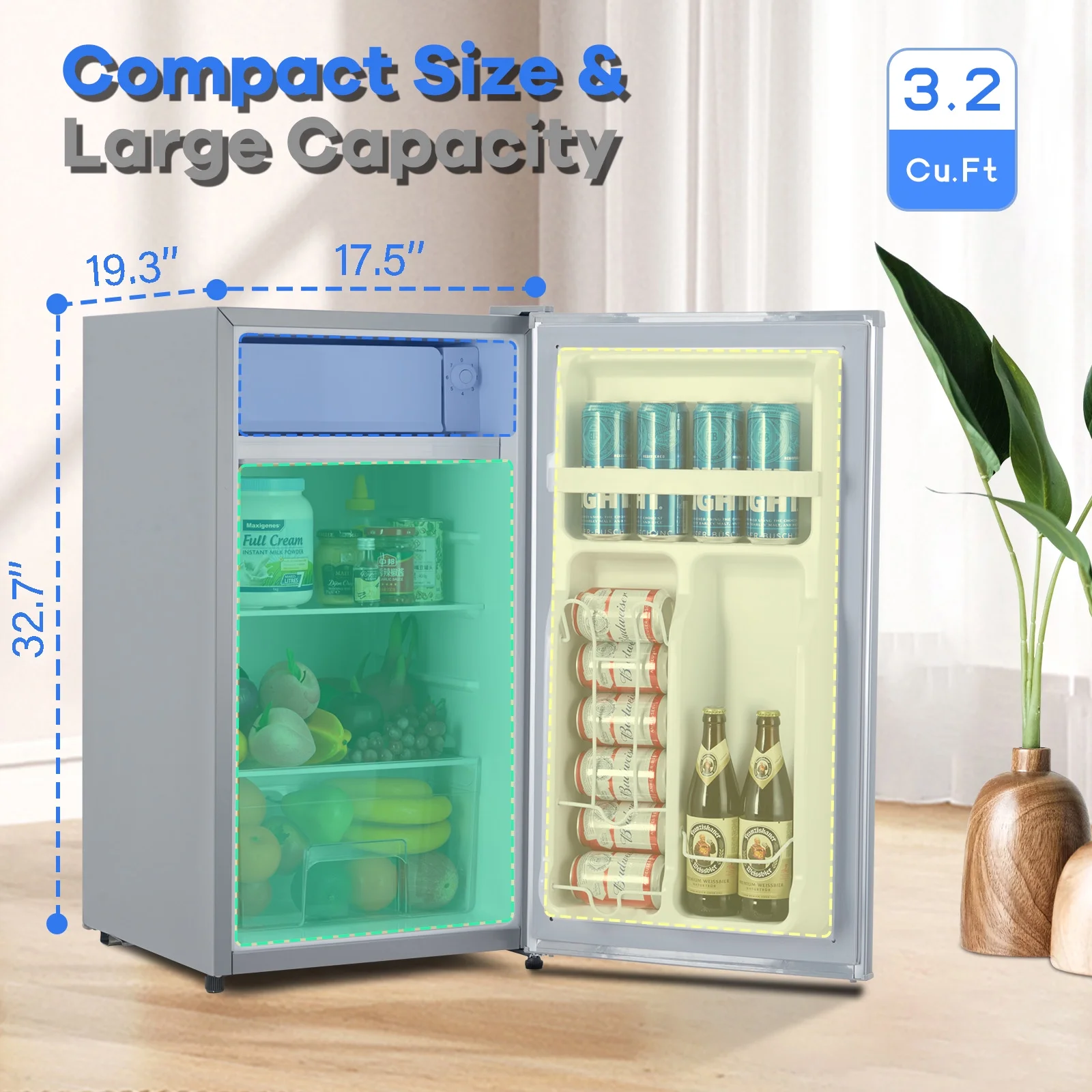 EastVita 3.2 Cu.Ft Mini Fridge with Freezer, Compact Refrigerator with 7 Level Adjustable Thermostat, Crisper Drawer & Glass Shelves, Small Fridge for Home
