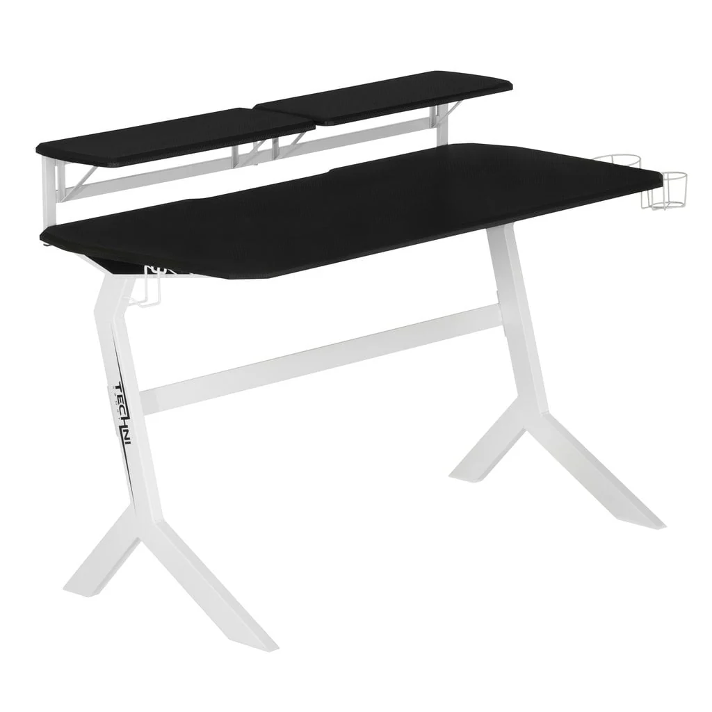 Techni Sport White Stryker Gaming Desk with Headphone Holder and Shelving, White