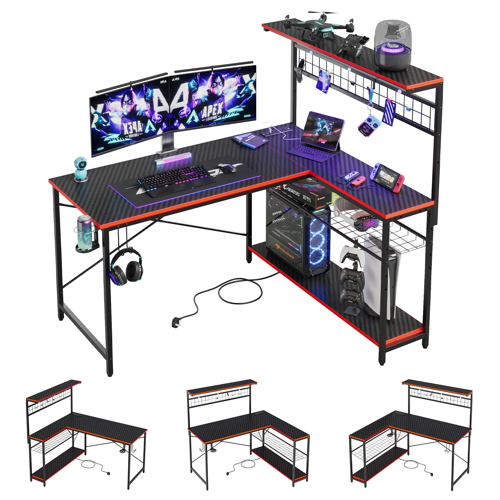 Bestier 51 L Shaped Gaming Desk with Power Outlets & LED Light, Computer Desk with 4 Tiers Shelves for Home Office, Reversible Gamer Table with Hooks and Cup Holder, Carbon Fiber
