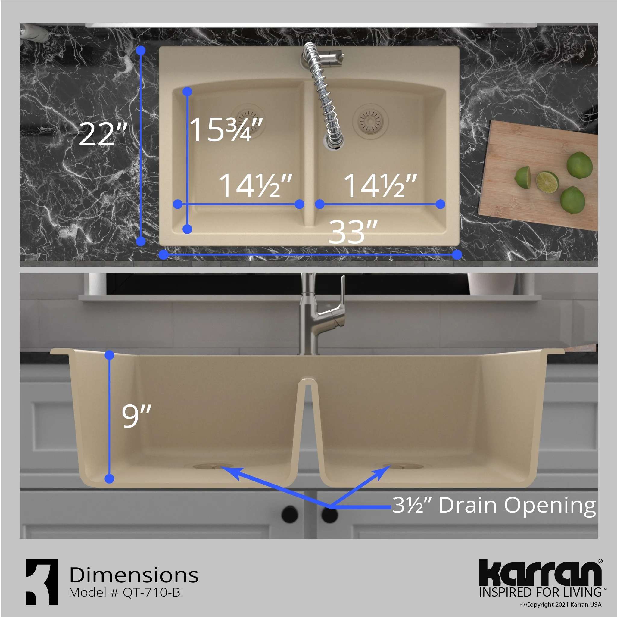 Karran QT-710-BR Brown Quartz Composite Rectangular Double Bowl Sink