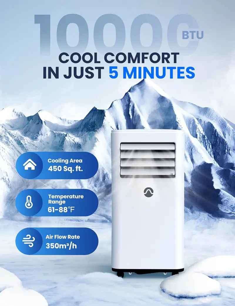 10.000 BTU Portable Air Conditioner – 3-in-1 Cooling Unit for Rooms up to 450 Sq. Ft. with Remote. Timer. Sleep Mode & Window Kit