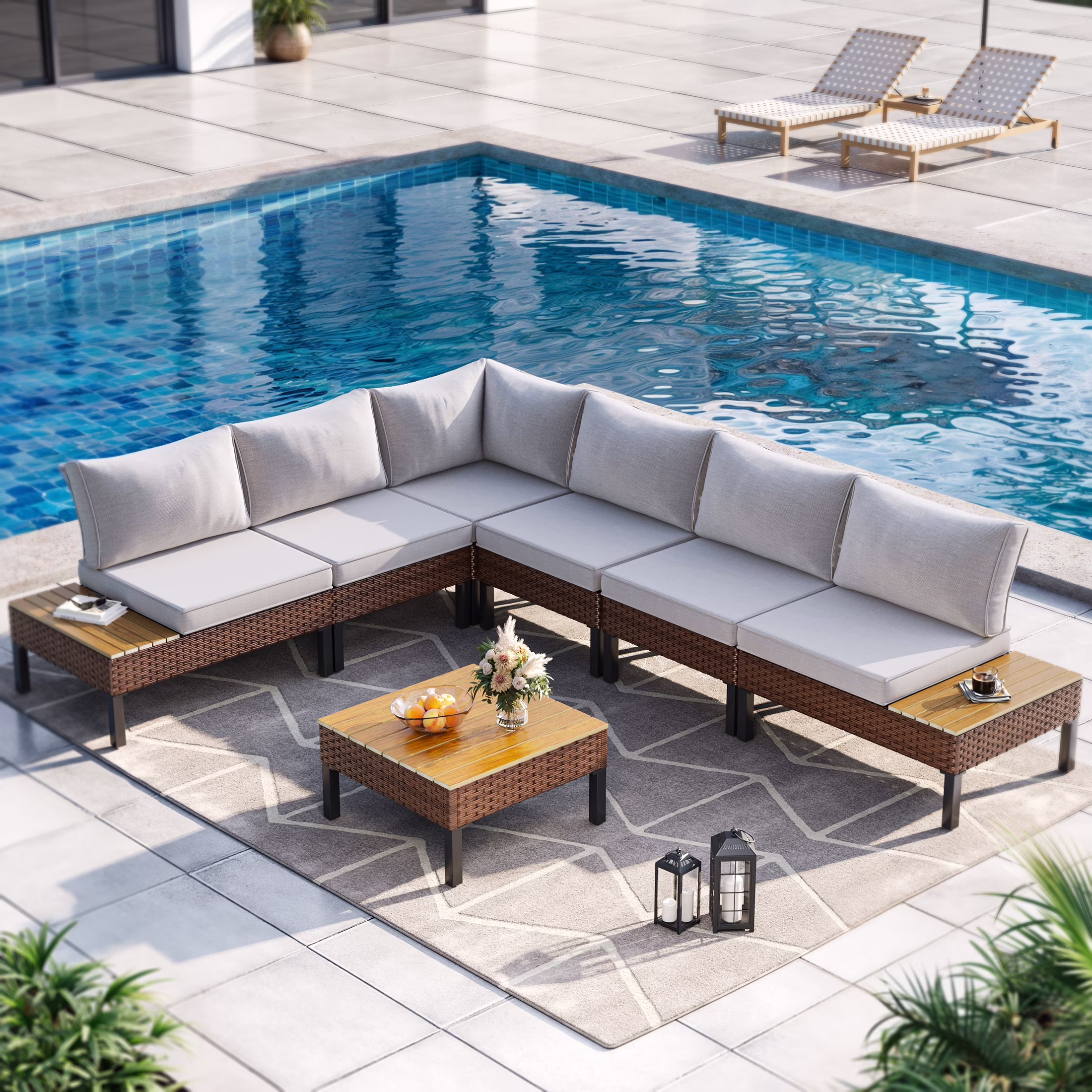 Poteban 5-piece Rattan Outdoor Patio Sofa Set,L-Shaped Sectional Sofa Couch with Coffee Table for Backyard,Lawn,Garden,Navy Blue