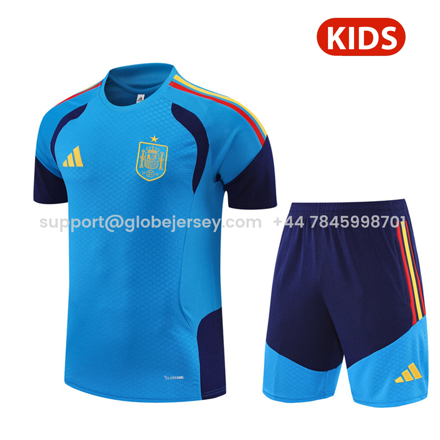 Spain 2026 Kids Short-Sleeve Training Set - Lake Blue Top & Shorts