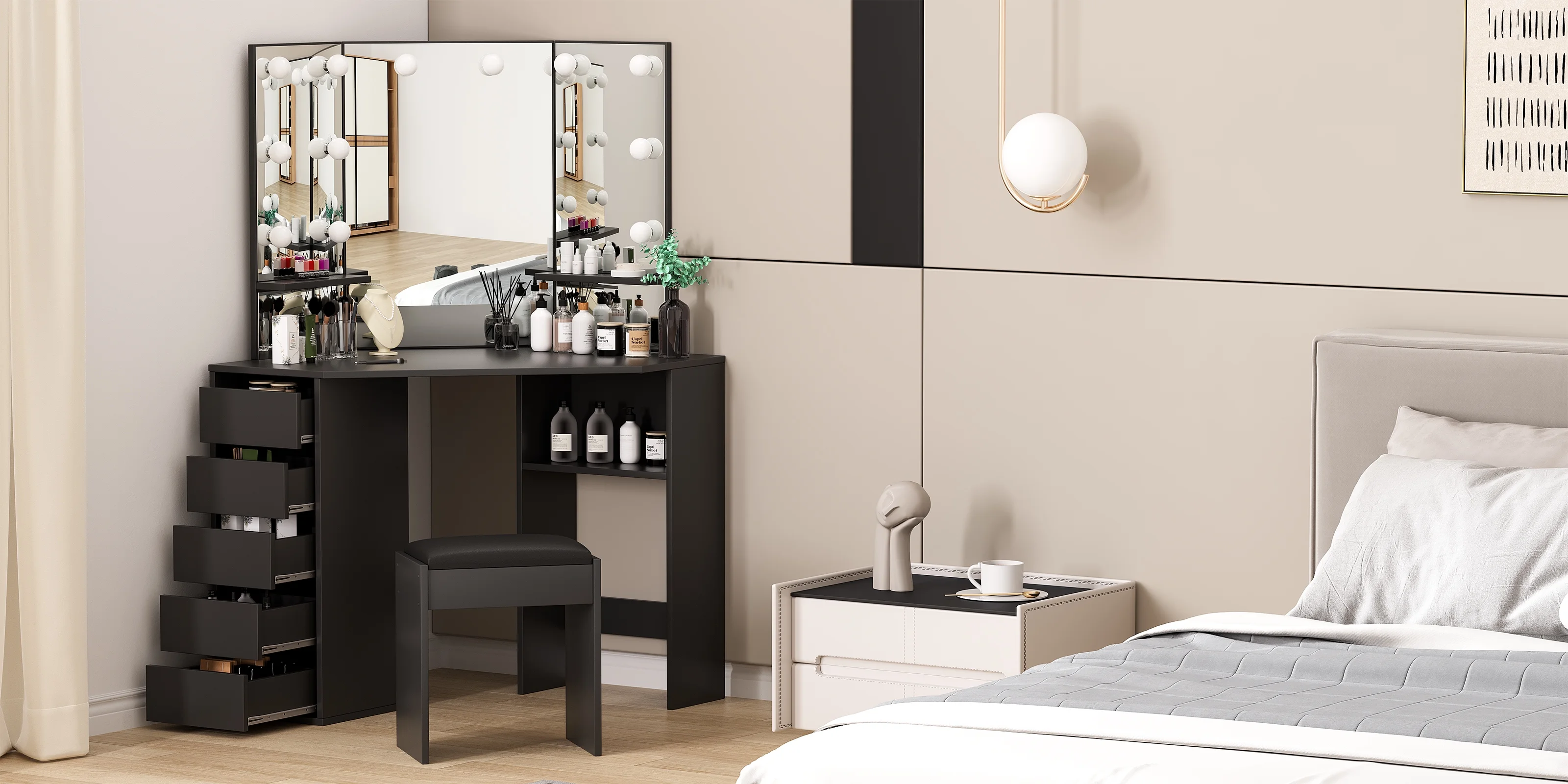 Danolapsi Corner Makeup Vanity Desk with Mirror and Lights,Bedroom Vanity Table with Lighted Mirror 5 Sliding Drawers and Storage Shelf for Women Girls(ship in 2 boxes)