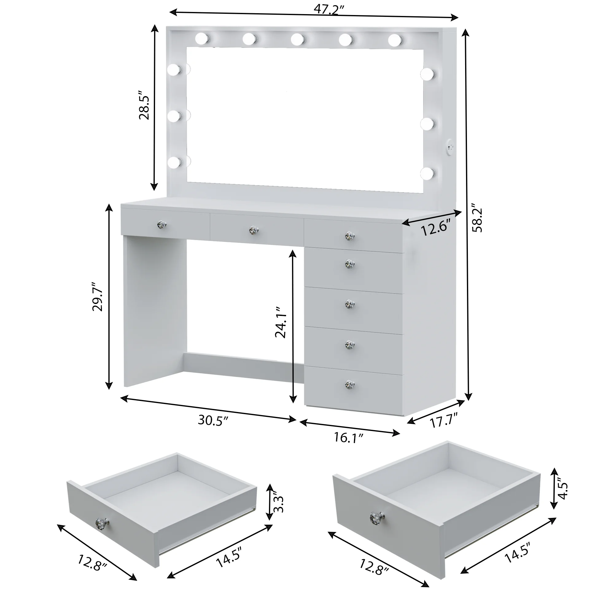 Ember Interiors Peggy Vanity Desk with Lighted Mirror and USB Ports