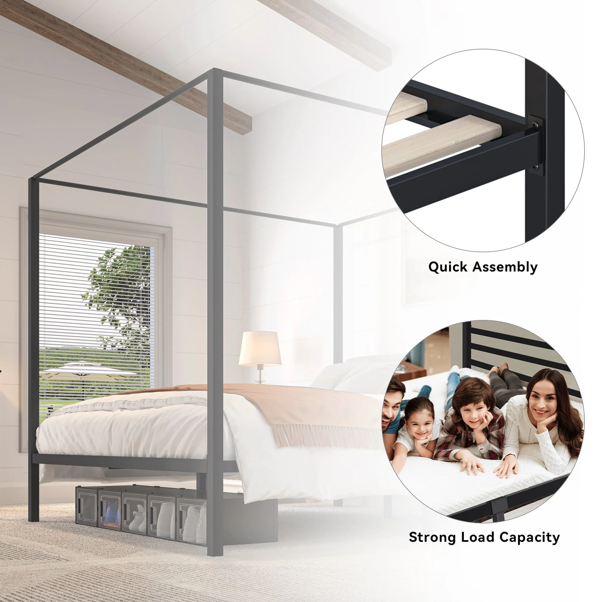 Dextrus King Size Black Canopy Bed Frame with Headboard, Mattress Foundation with Wooden Slats and Steel Structure, No Box Spring Needed