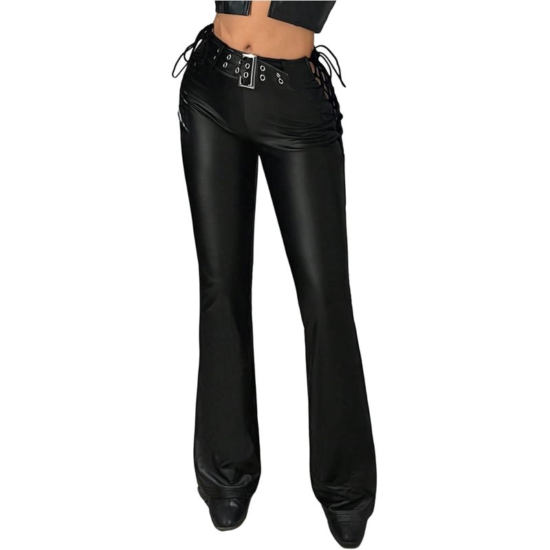 Women's Faux Leather Flare Pants Lace