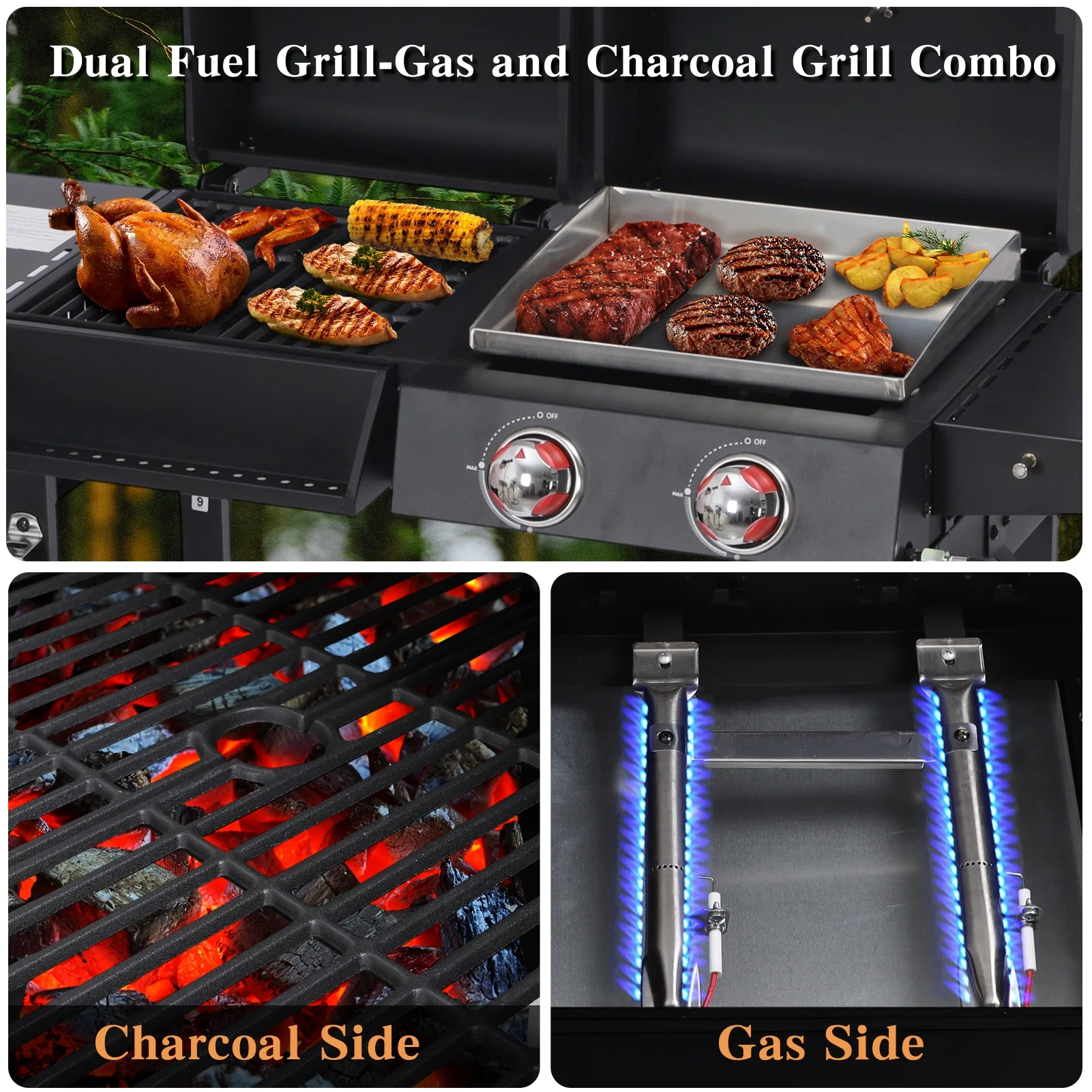 2 Burner Gas and Charcoal Combo Grill, 21,000 BTU Output Outdoor Barbecue Grill with Cast Iron Grates and Versatile Mini Grill Pan, Perfect for Outdoor Cooking, Balcony, Backyard, Camping, BBQ Grill