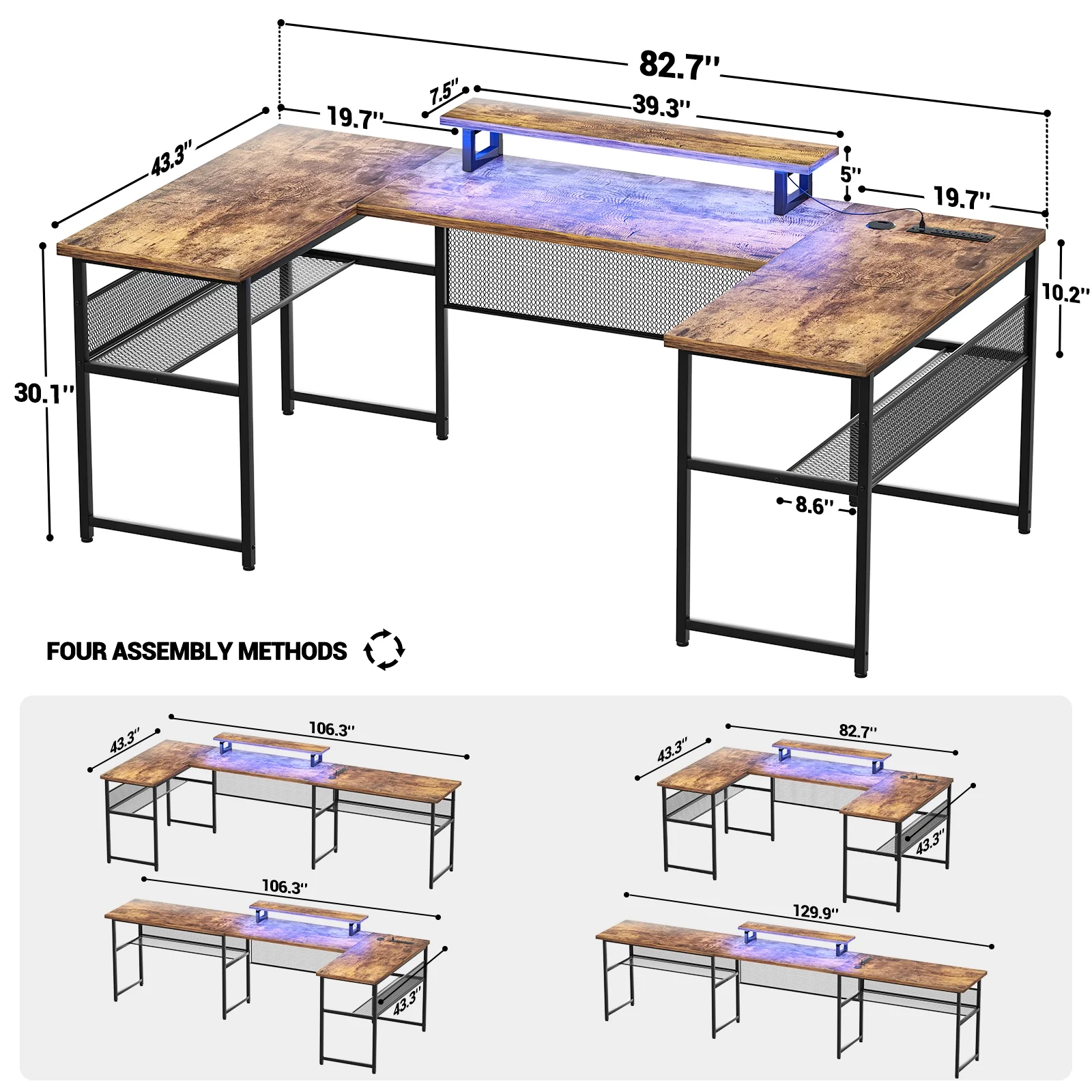 Homieasy U Shaped Desk with Power Outlet and LED Strips, 129.9'' Ergonomic L-Shaped Gaming Desk with Monitor Stand, Reversible Corner Computer Desk with Storage Shelf for Home Office, White Oak