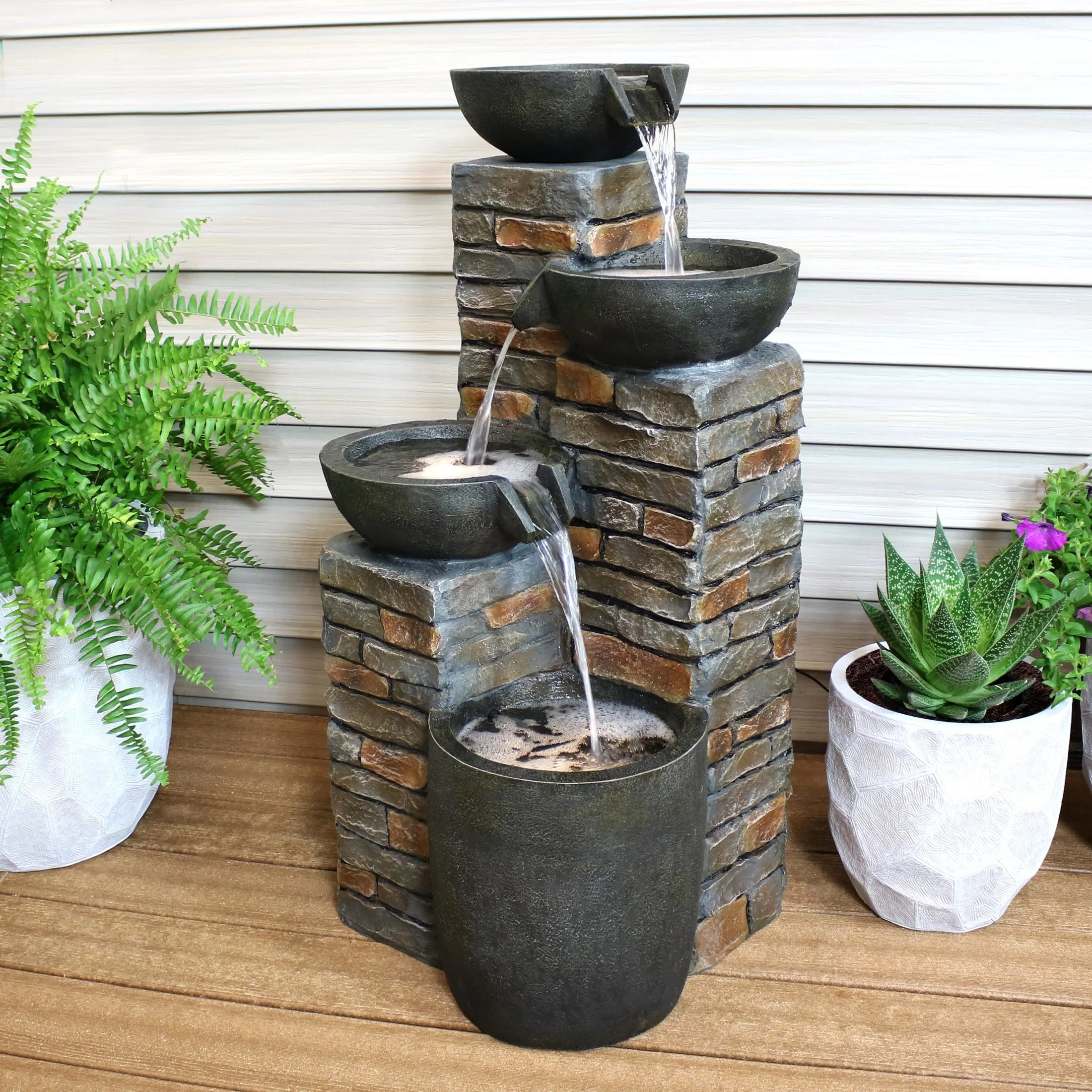 Sunnydaze Staggered Bowls Polyresin Outdoor Water Fountain with Light