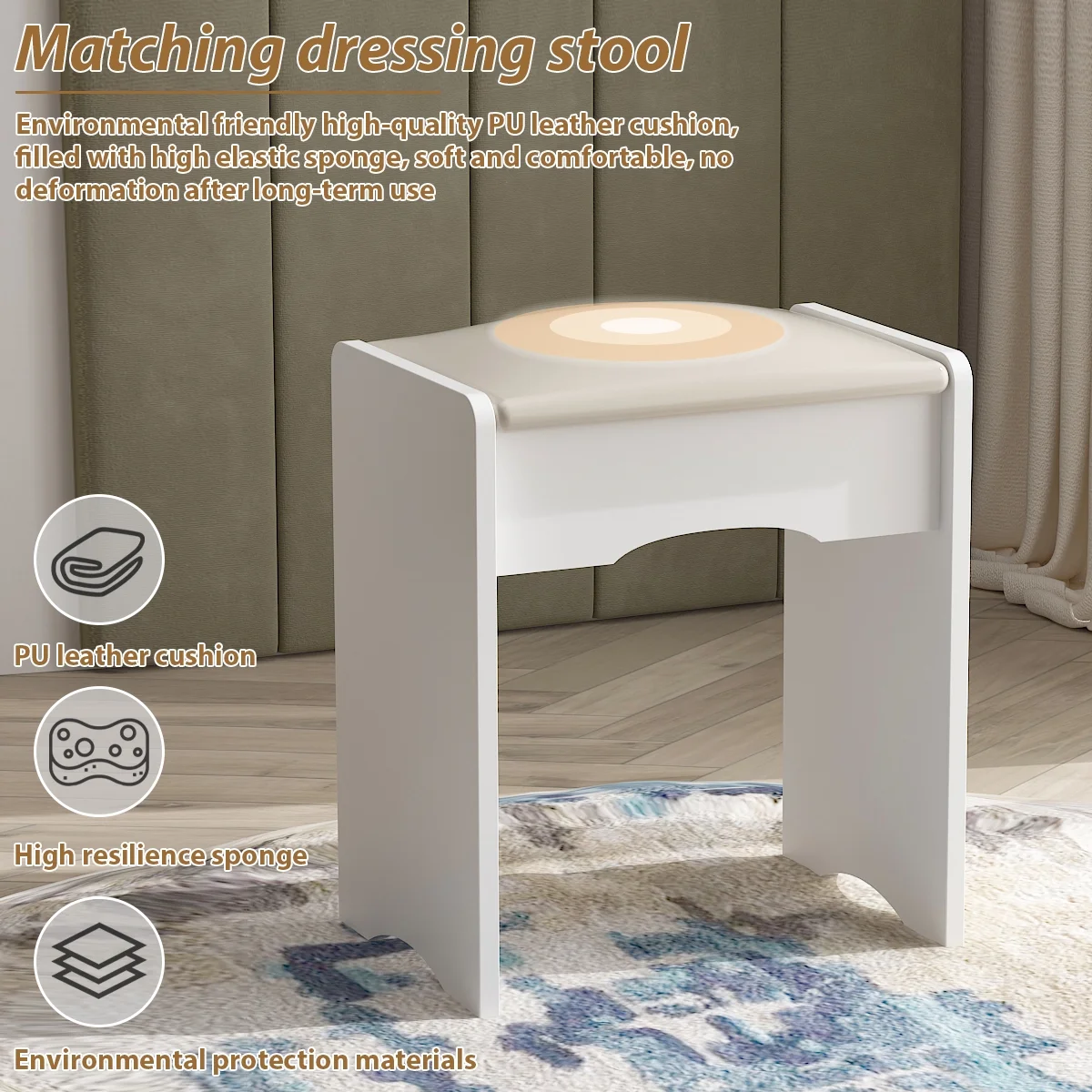 MONSLIPA Makeup Vanity Desk Set w/ Light, Sturdy Dressing Vanity Table with Bench, Shelves & Drawers