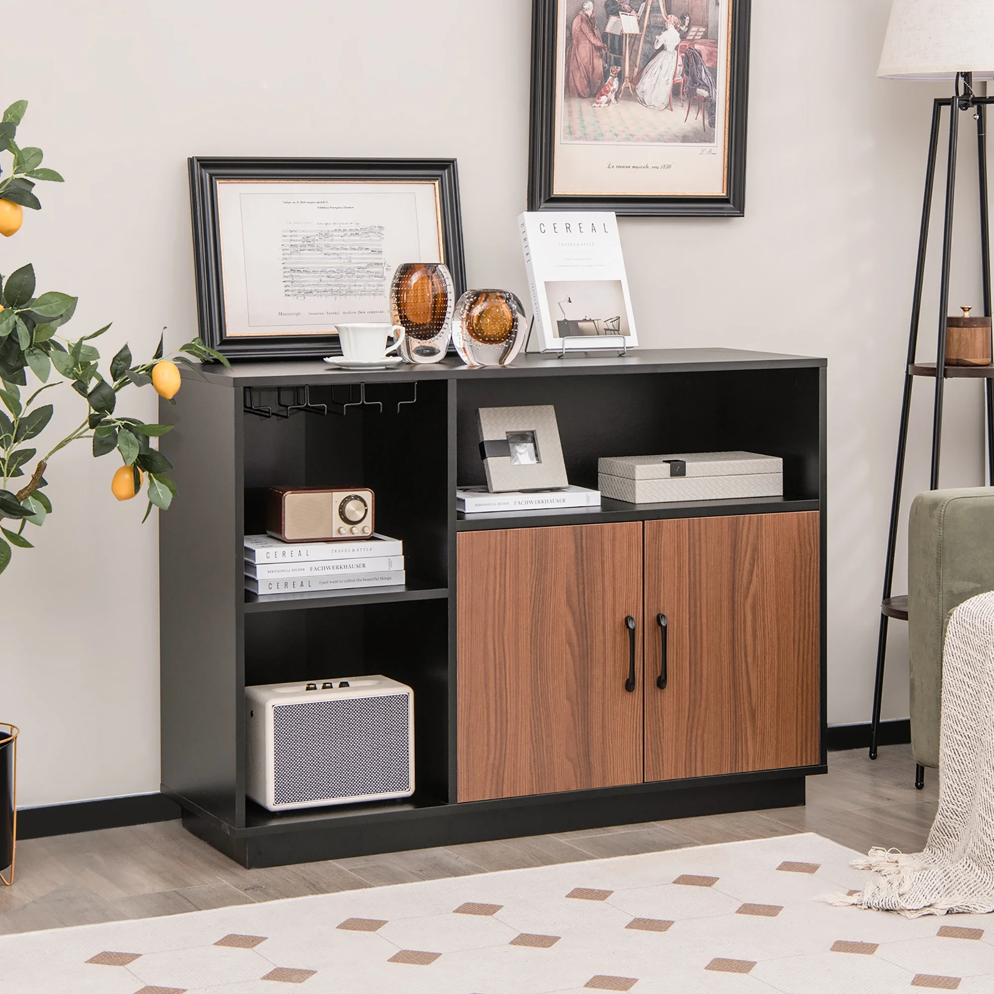 Costway Industrial Wine Bar Cabinet Sideboard Buffet with Glass Holder &  Adjustable Shelf