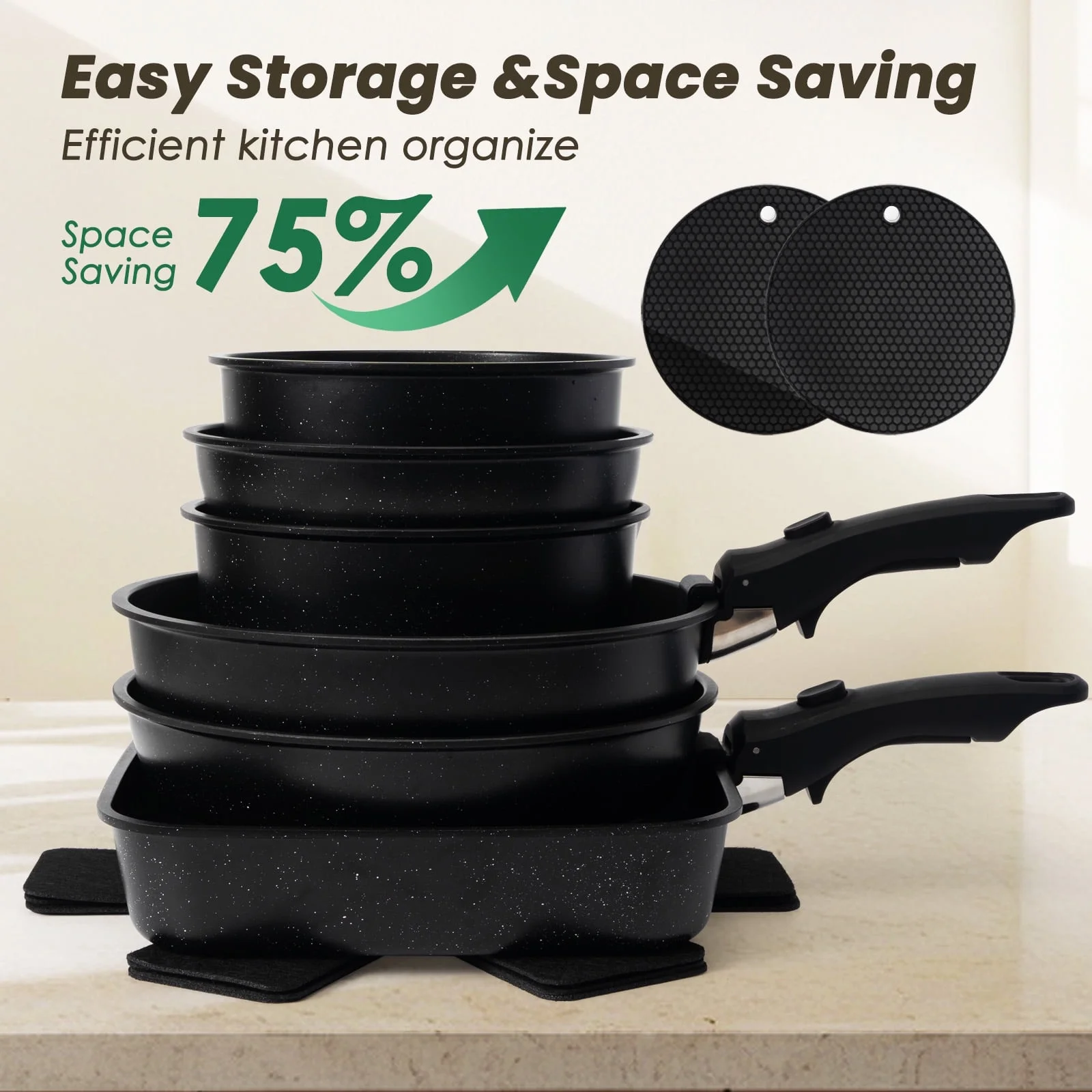 Kikcoin 21 pieces Pots and Pans Set Non-toxic, 6 Nonstick pots Cookware Set with Detachable Handles, Dishwasher Safe(Black)