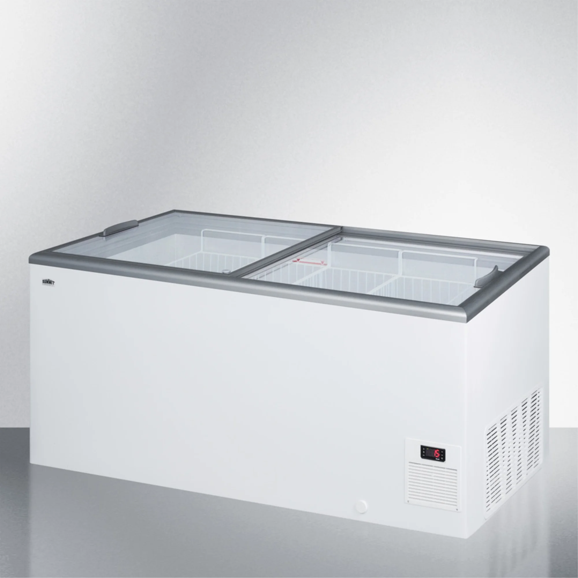 Flat top commercial ice cream freezer with sliding glass lid, digital thermostat, novelty baskets, and 16.6 cu.ft. capacity