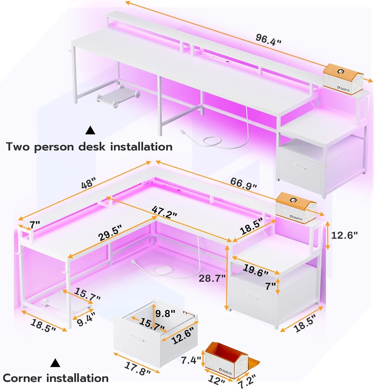 L Shaped Desk with Power Outlet and LED Lights, Corner Computer Desk with File Drawer for Home Office,  Gaming Desk,  Rustic Brown