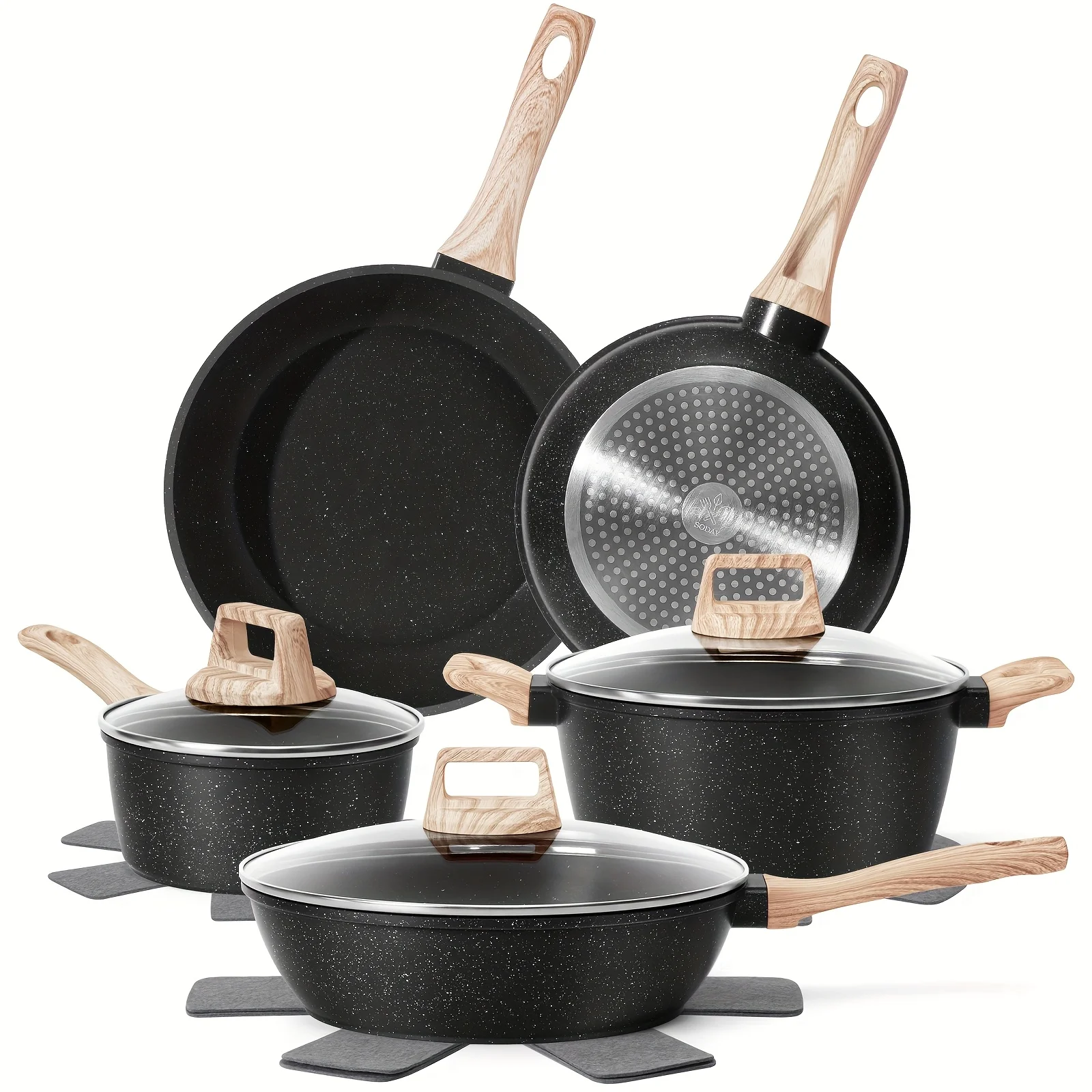 Non-stick 12 POTS and pans Set, Cookware Set, including frying pan, pan, steamer, silicone spatula and tongs - Granite cooking Set (black)